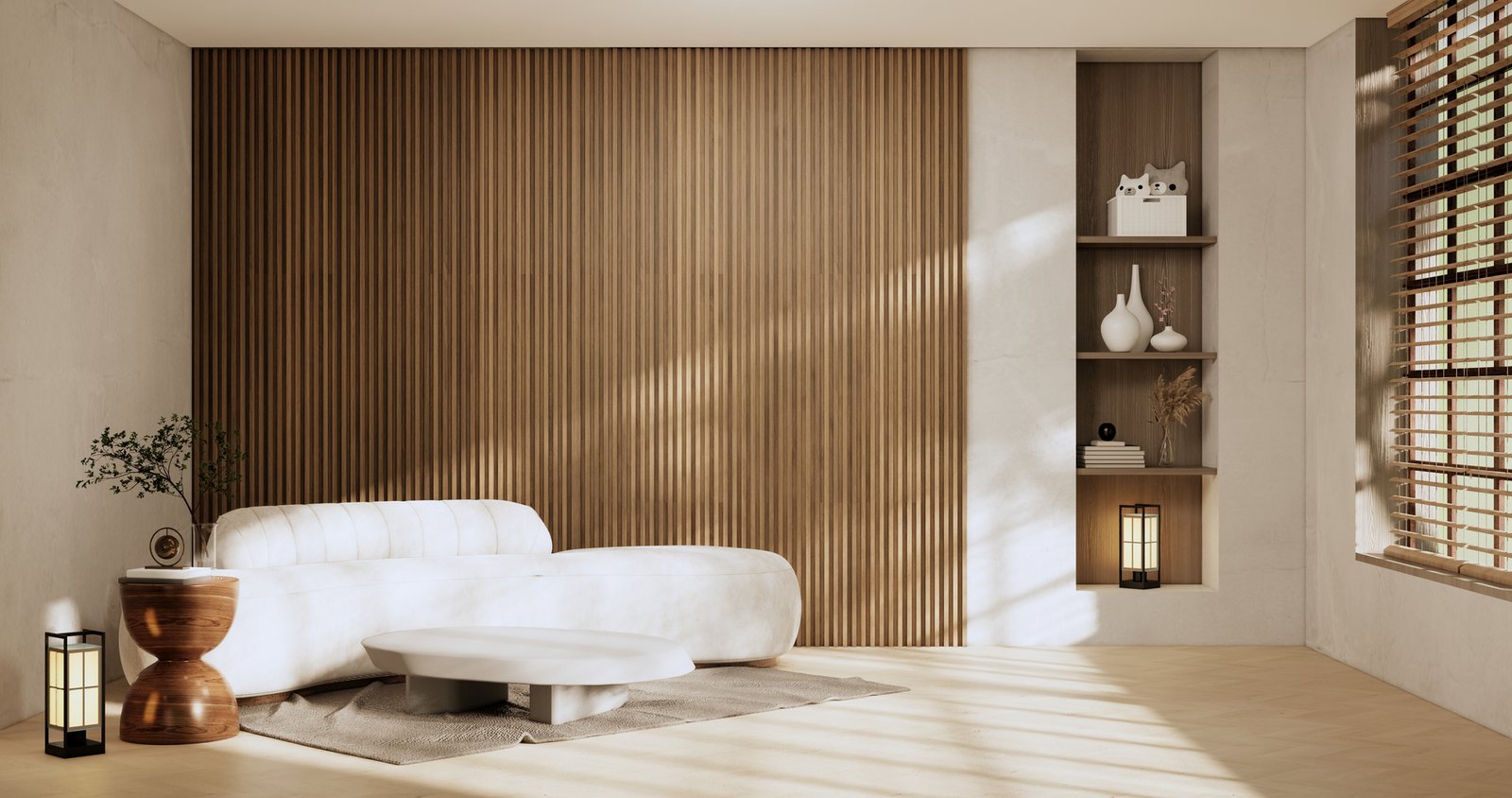 Acoustic slat wood panel feature wall with mounted TV in a modern living room