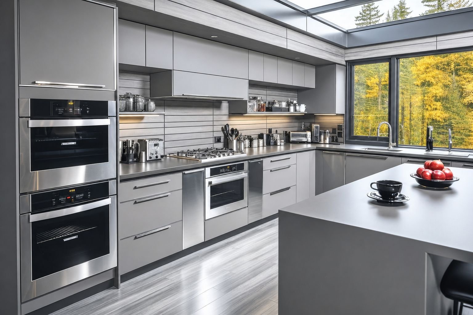Kitchen with built-in oven, cooktop and range hood connected to new wiring
