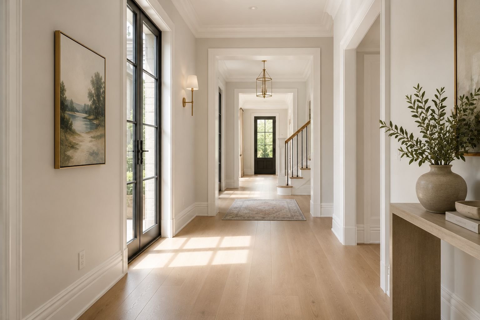 Bright hallway with clean baseboard trim along the walls and hardwood floors
