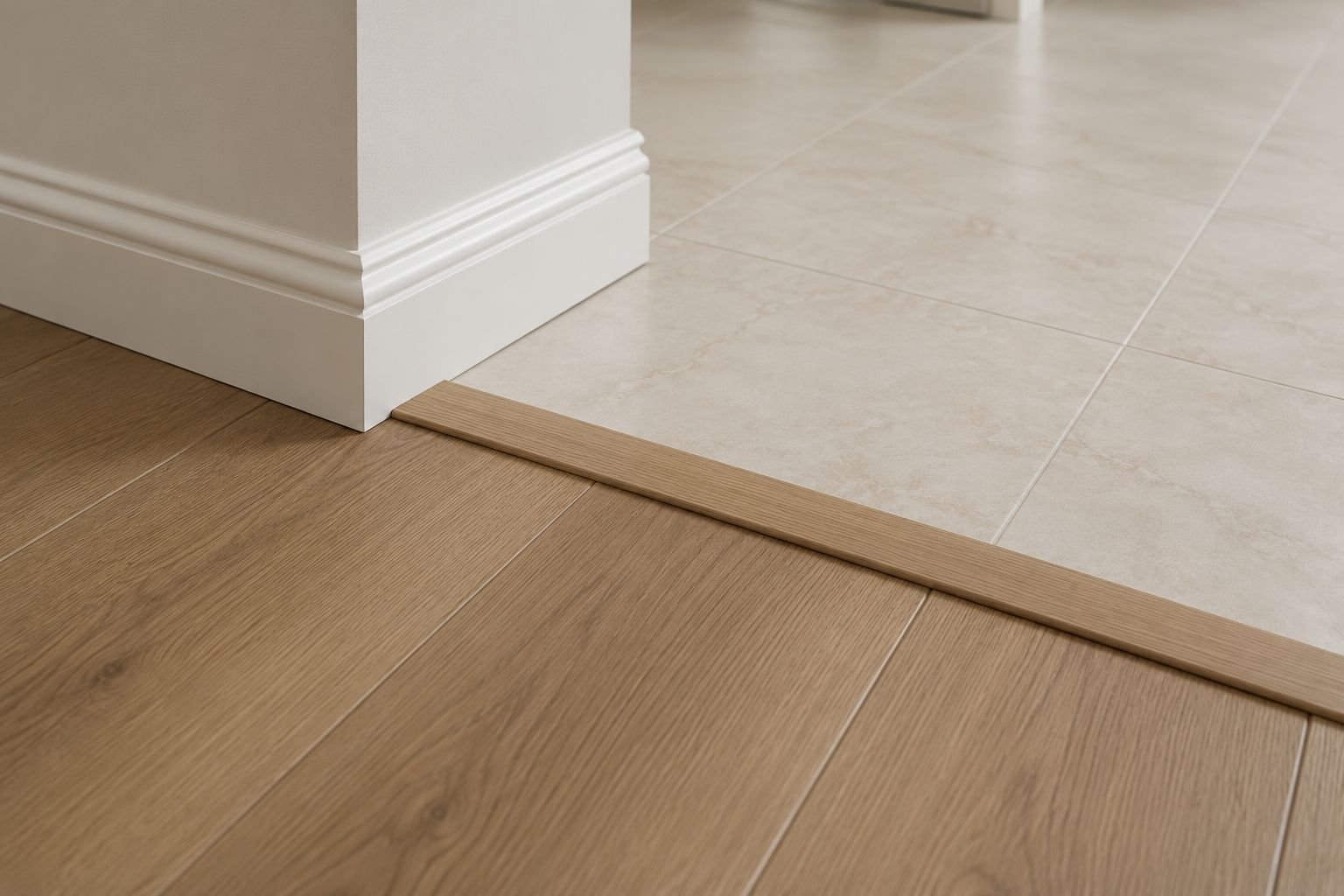 Close-up of baseboard trim and a clean transition between tile and hardwood flooring