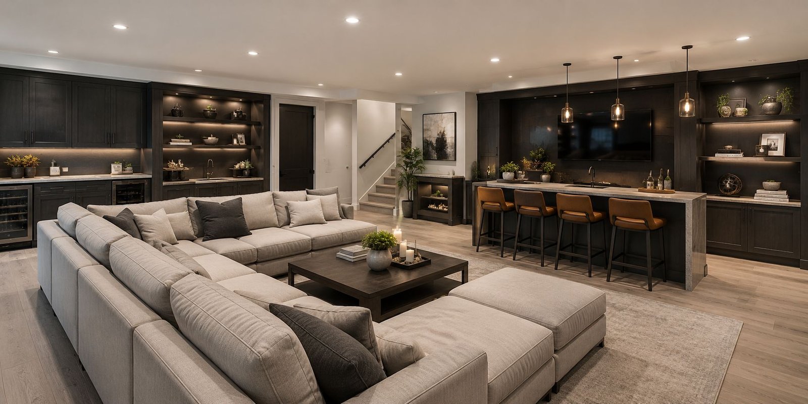Finished basement with sectional seating, media area and wet bar