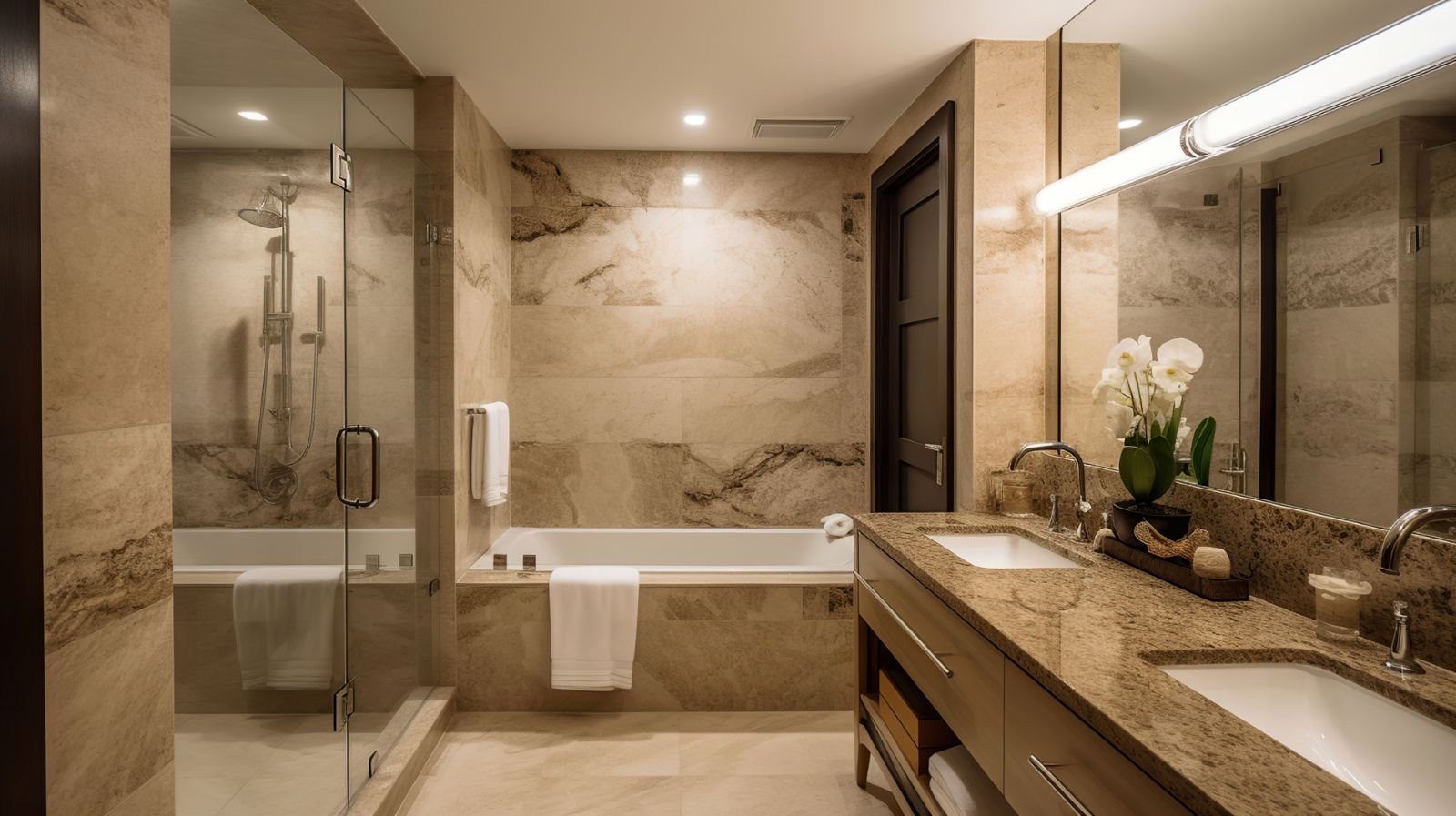 Spa-inspired bathroom with glass walk-in shower, freestanding tub and large window
