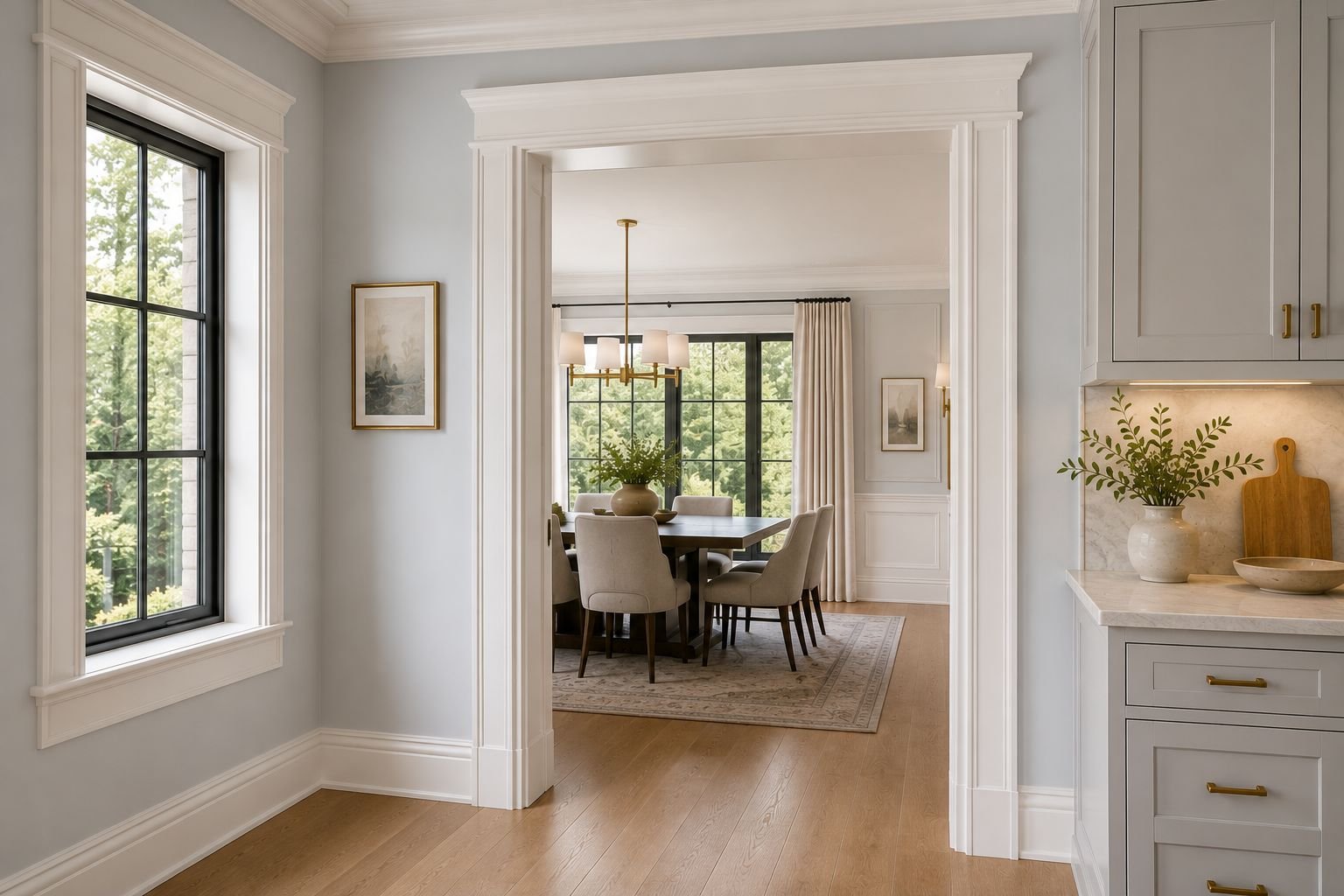 Kitchen doorway with custom door casing and window trim