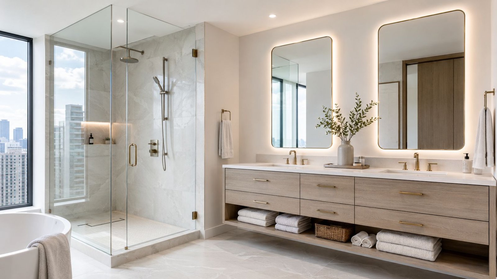 Condo bathroom renovation with glass walk-in shower and backlit double vanity mirrors
