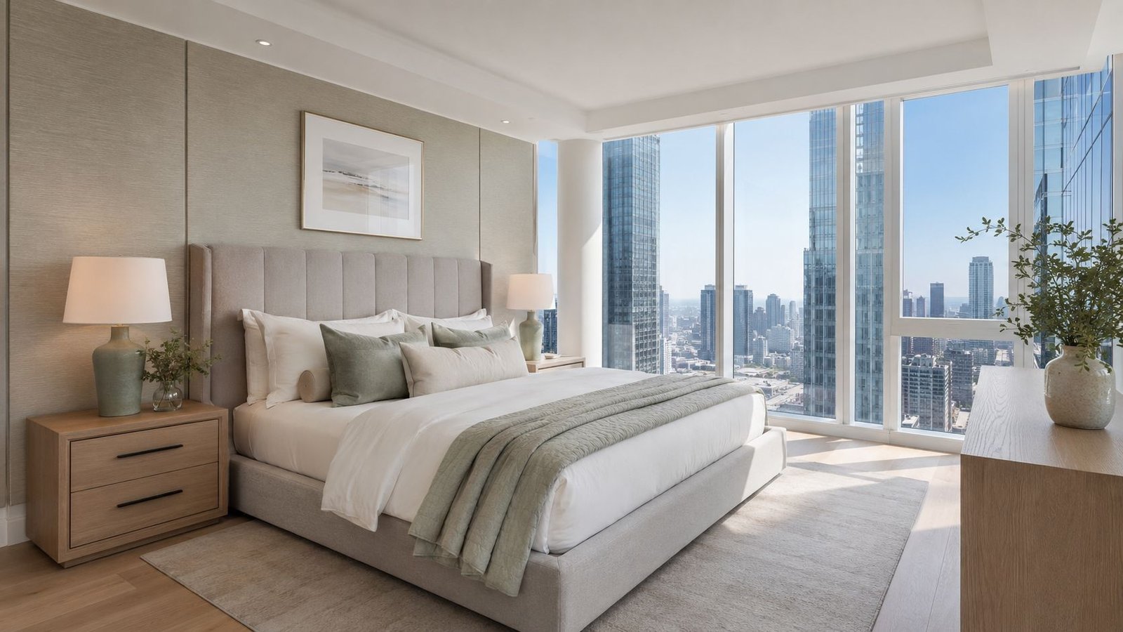 Condo bedroom renovation with upholstered bed, nightstands and floor-to-ceiling windows