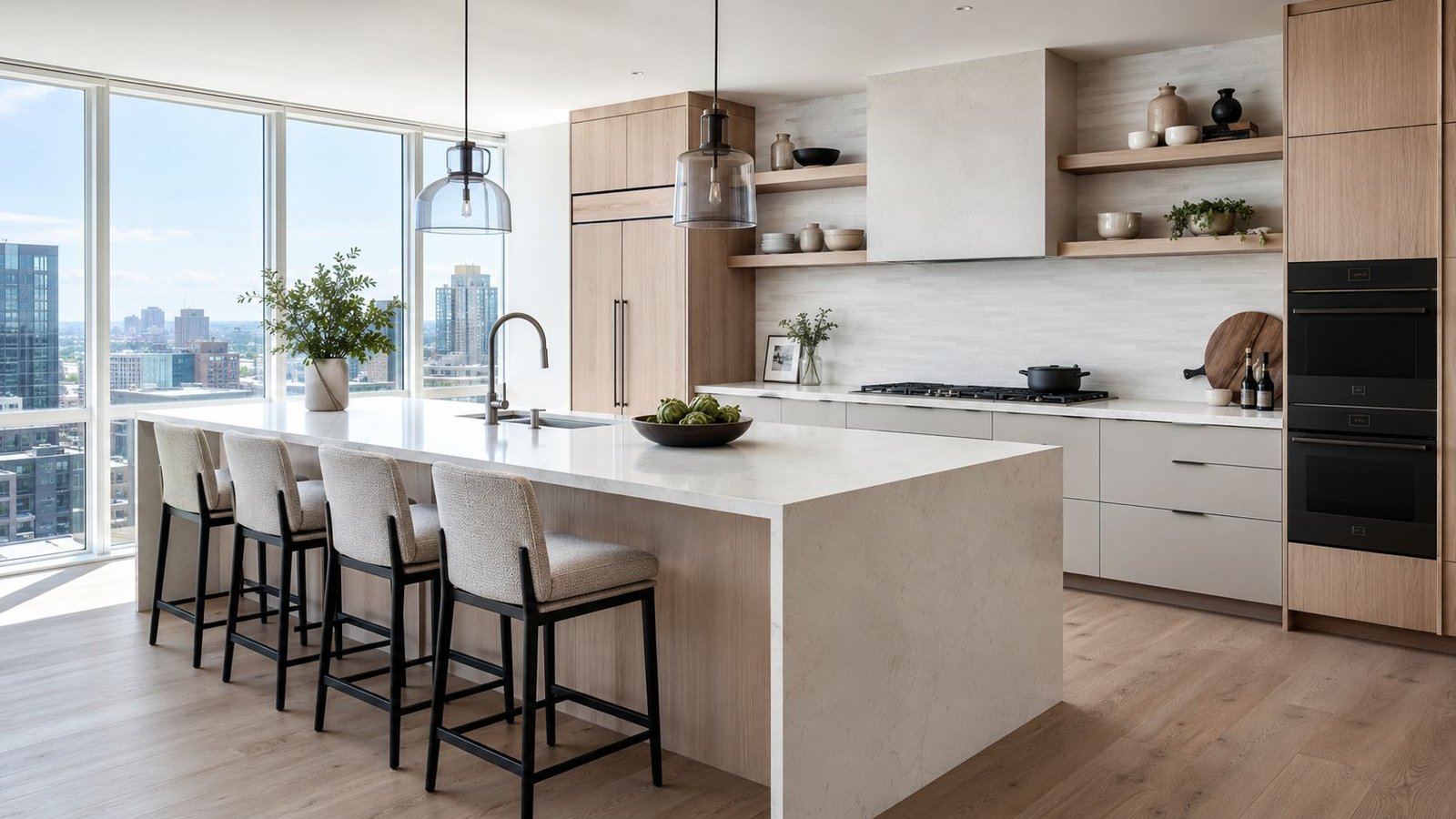 Modern condo kitchen renovation with large island, pendant lighting and open shelving