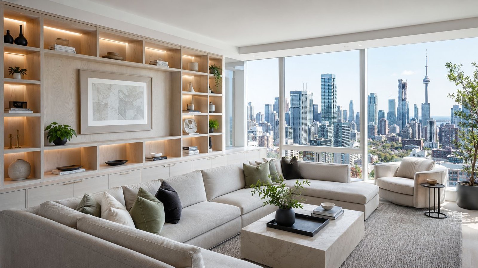 Condo living room with built-in shelving, sectional sofa and city skyline view