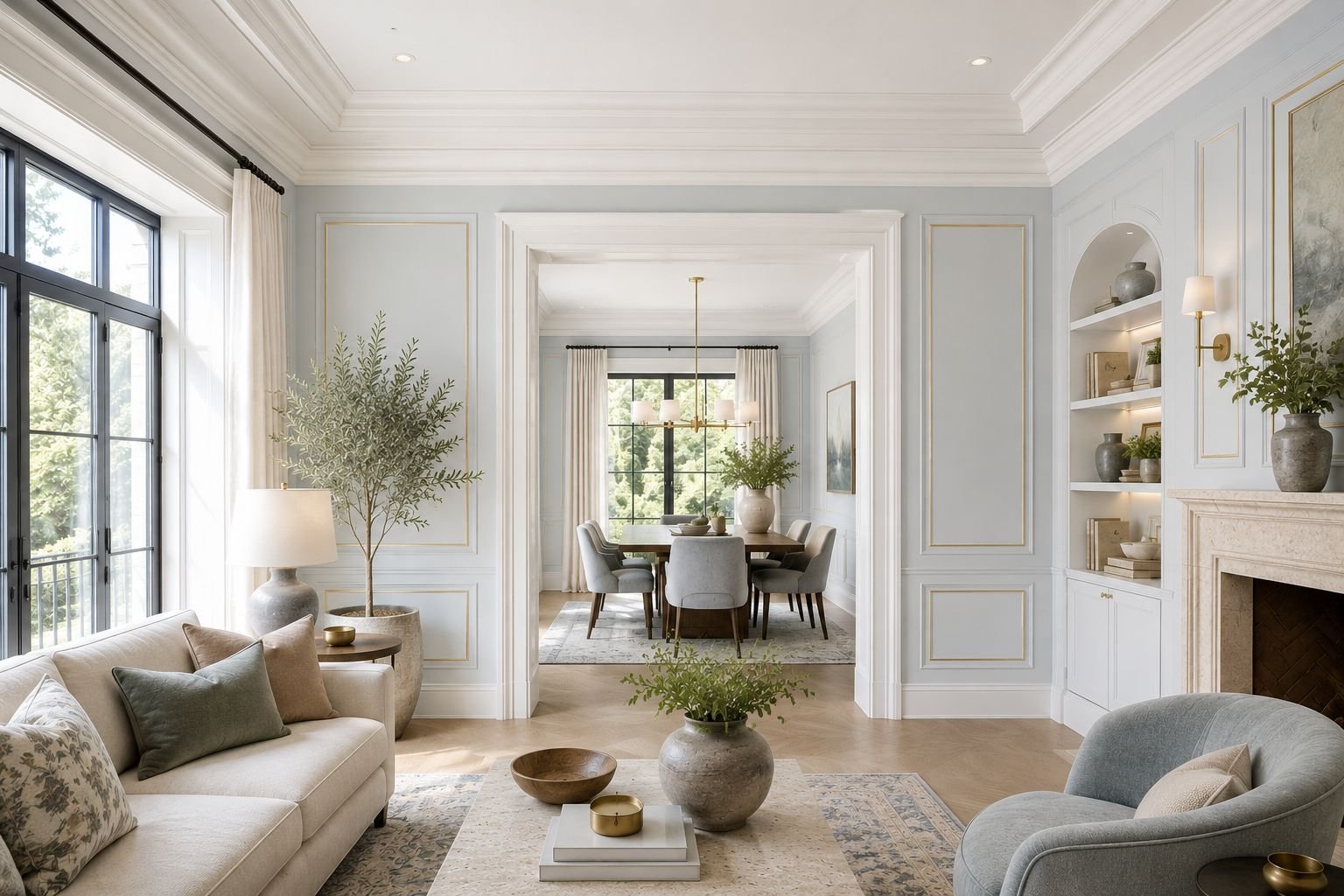 Dining room with elegant crown moulding where the walls meet the ceiling