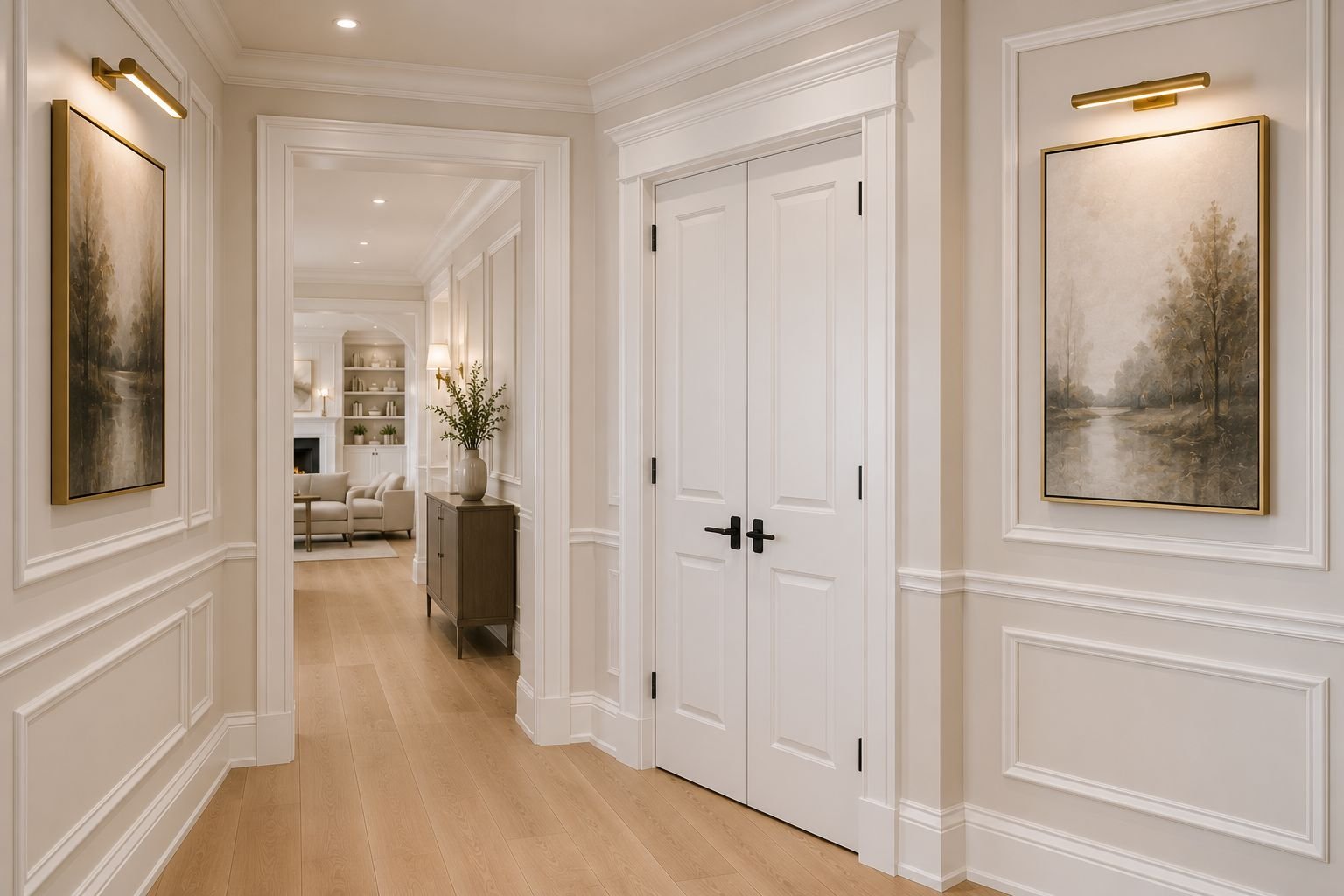Hallway with custom trim casings around double doors and framed artwork