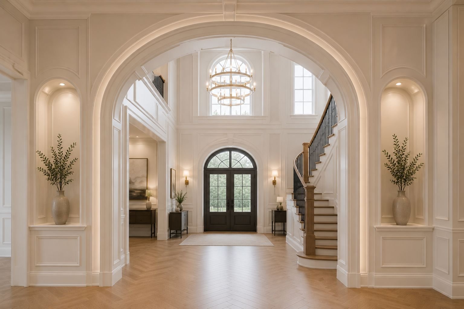 Grand foyer with arched entryway, chandelier and staircase