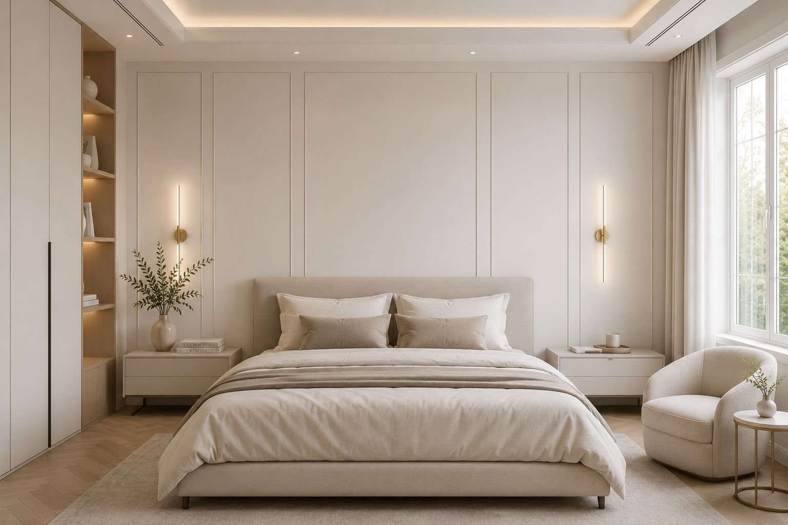 Flat wall panels behind an upholstered bed in a minimalist bedroom