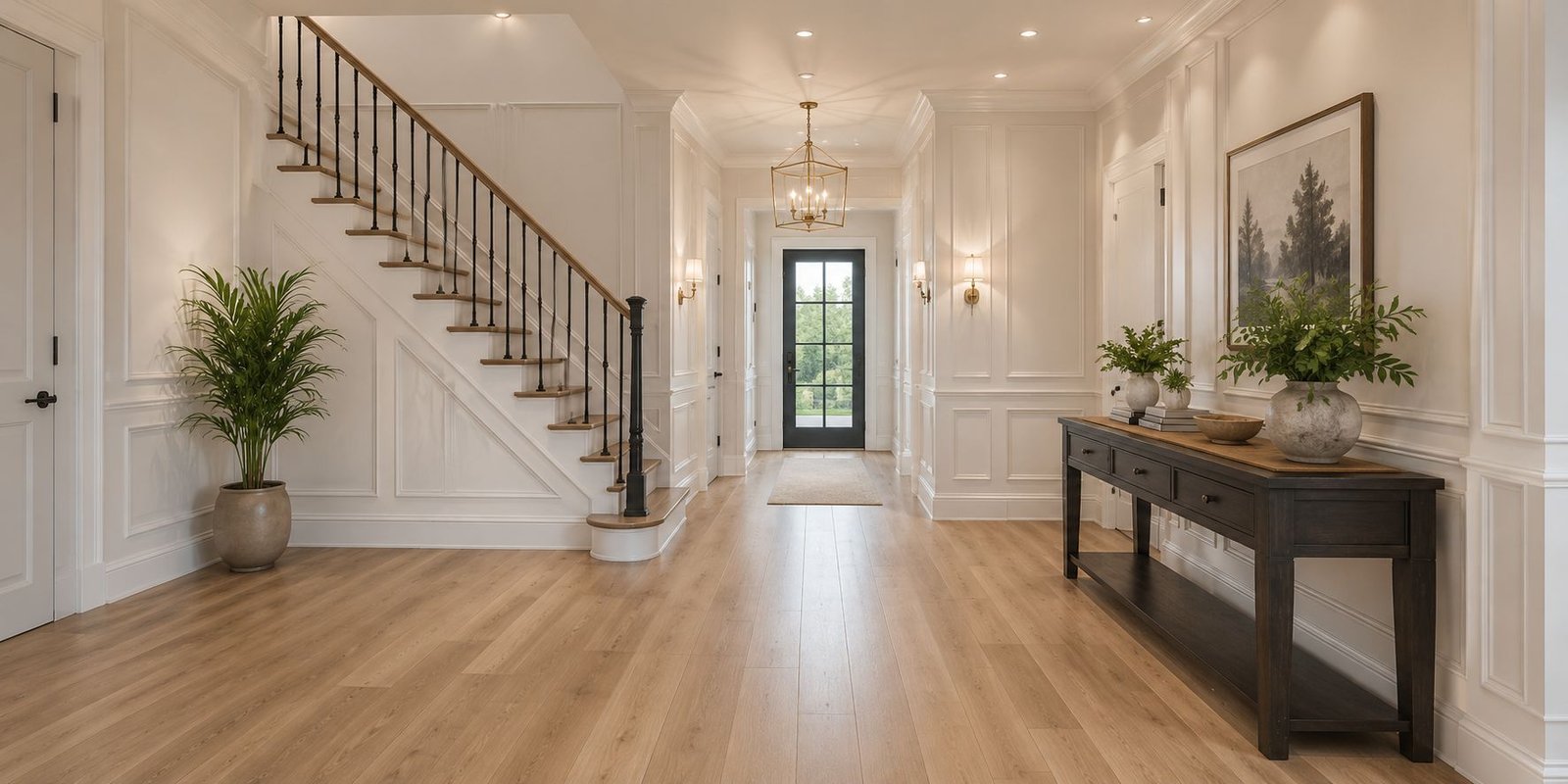 Bright entryway with staircase, hardwood flooring and console table