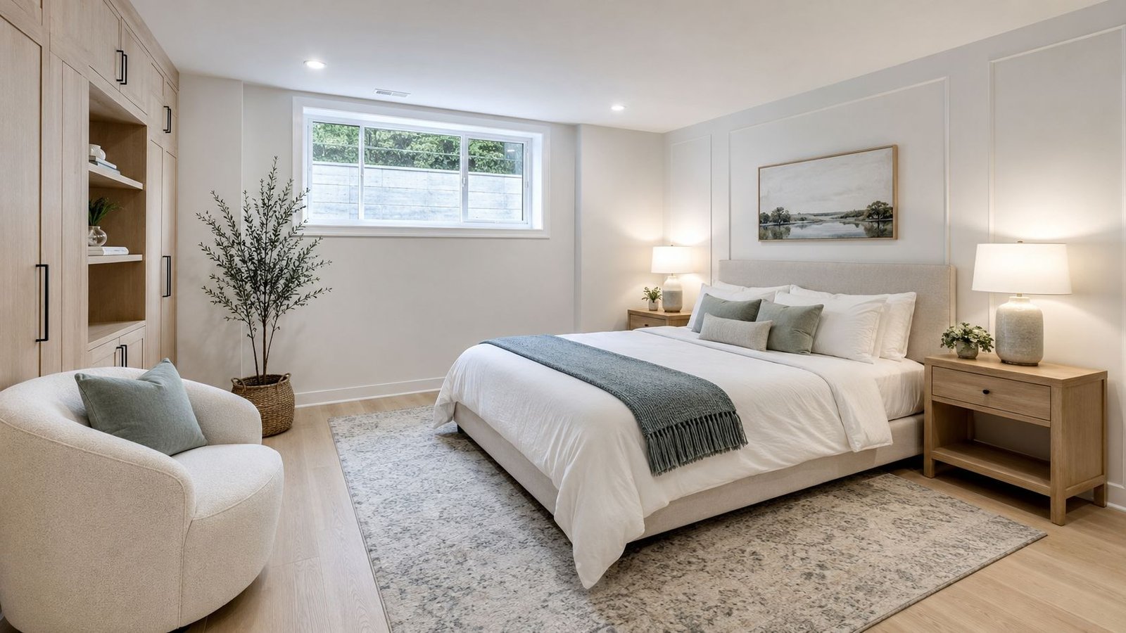 Basement guest bedroom with layered bedding and framed art