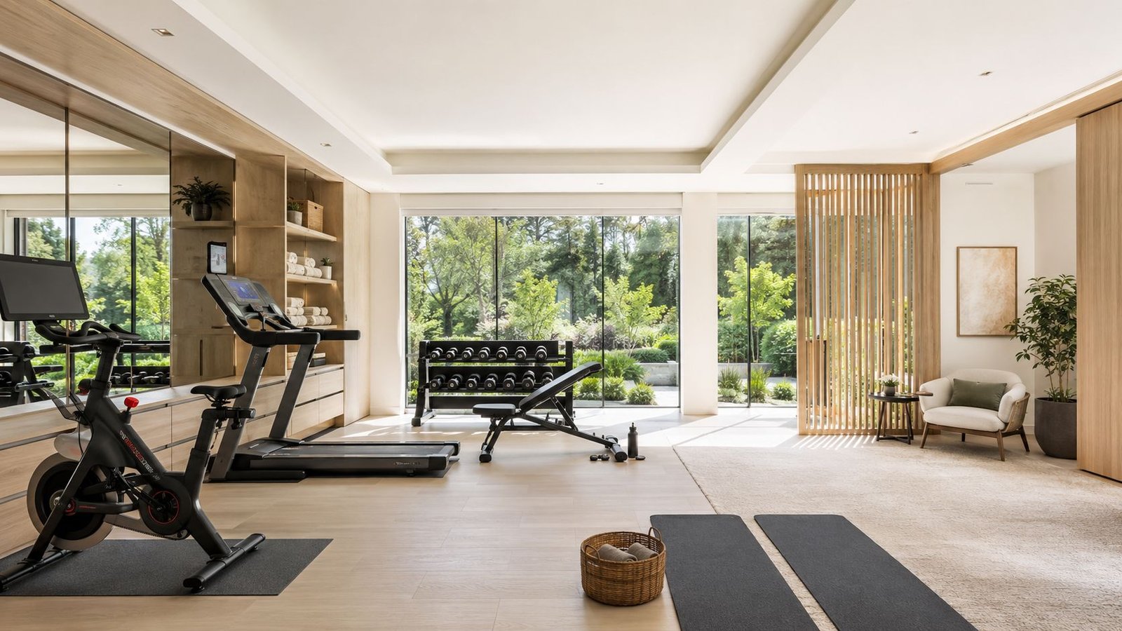 Basement home gym with mirrored walls and cardio and strength equipment