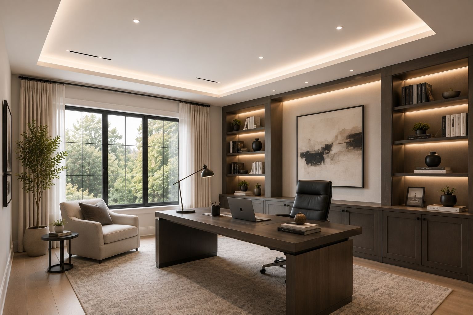 Gypsum ceiling with modern lighting in a living room