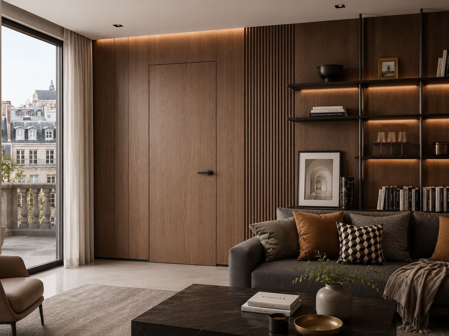 Living room with hidden flush door blending into a sage green paneled wall