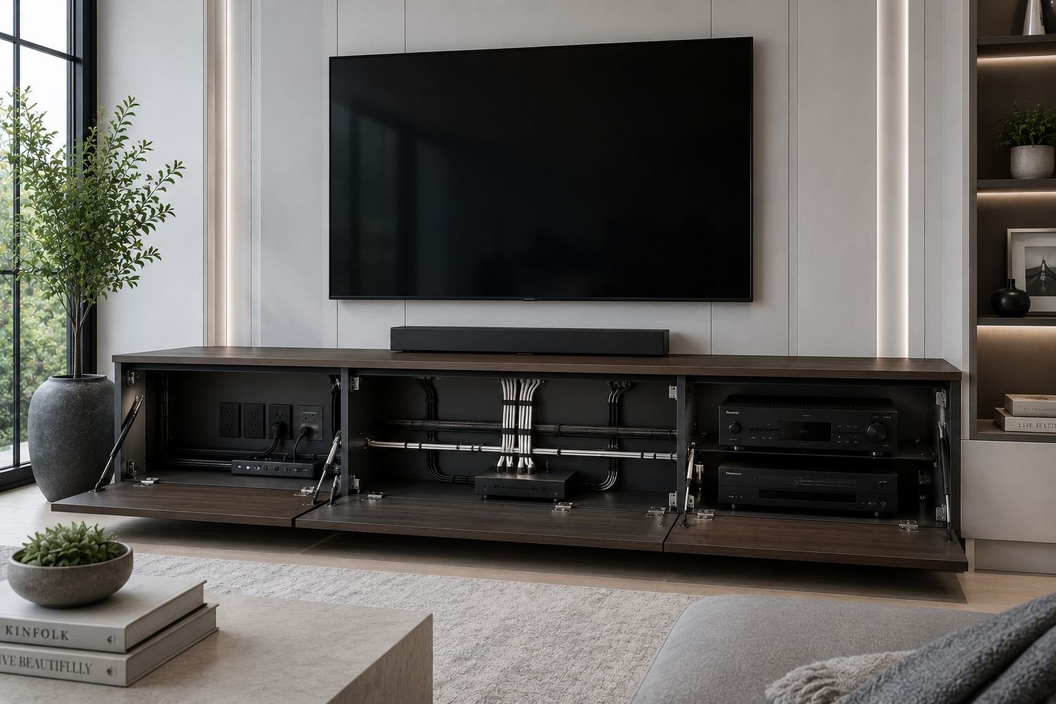 Open media console showing concealed, organized cable management for AV equipment