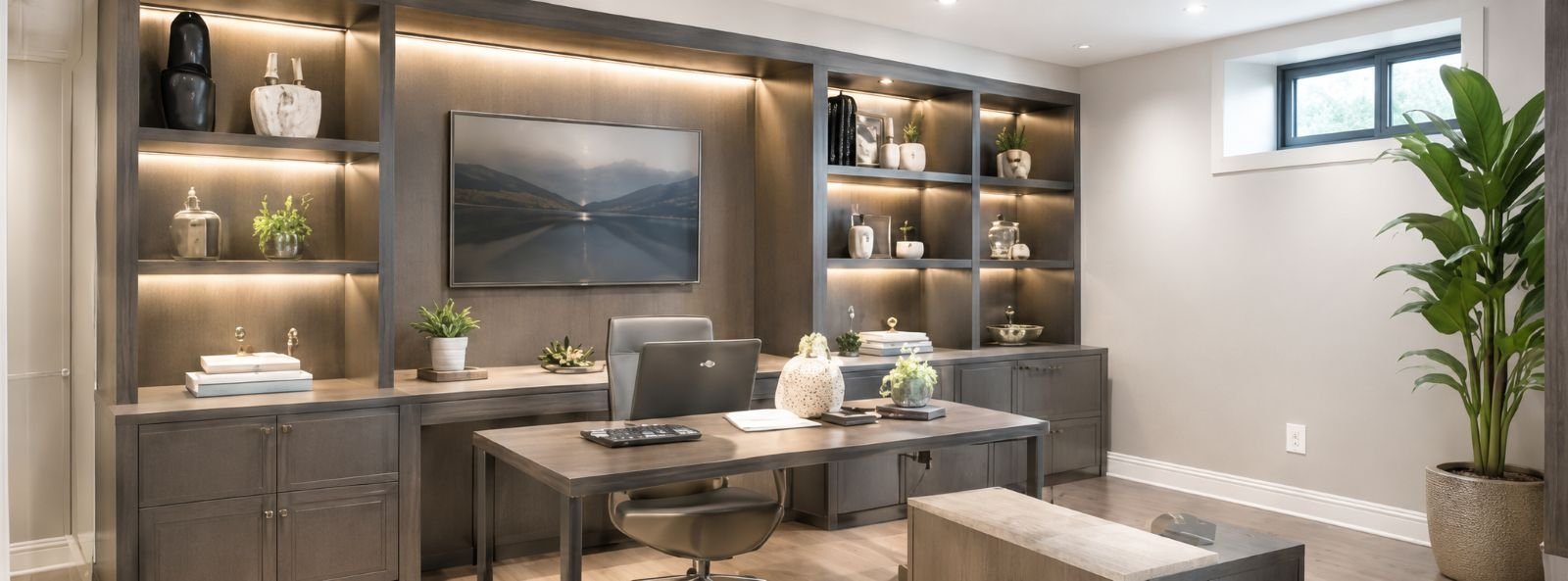 Basement home office with custom built-in desk, shelving and warm lighting