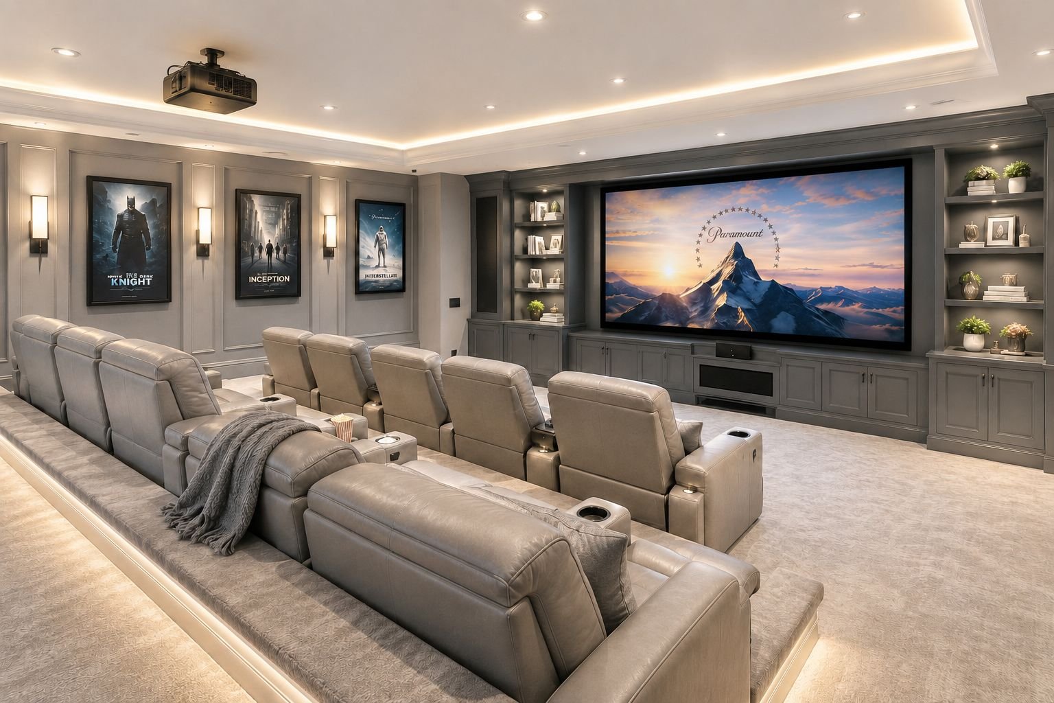 Basement home theatre with tiered reclining seating and large projector screen