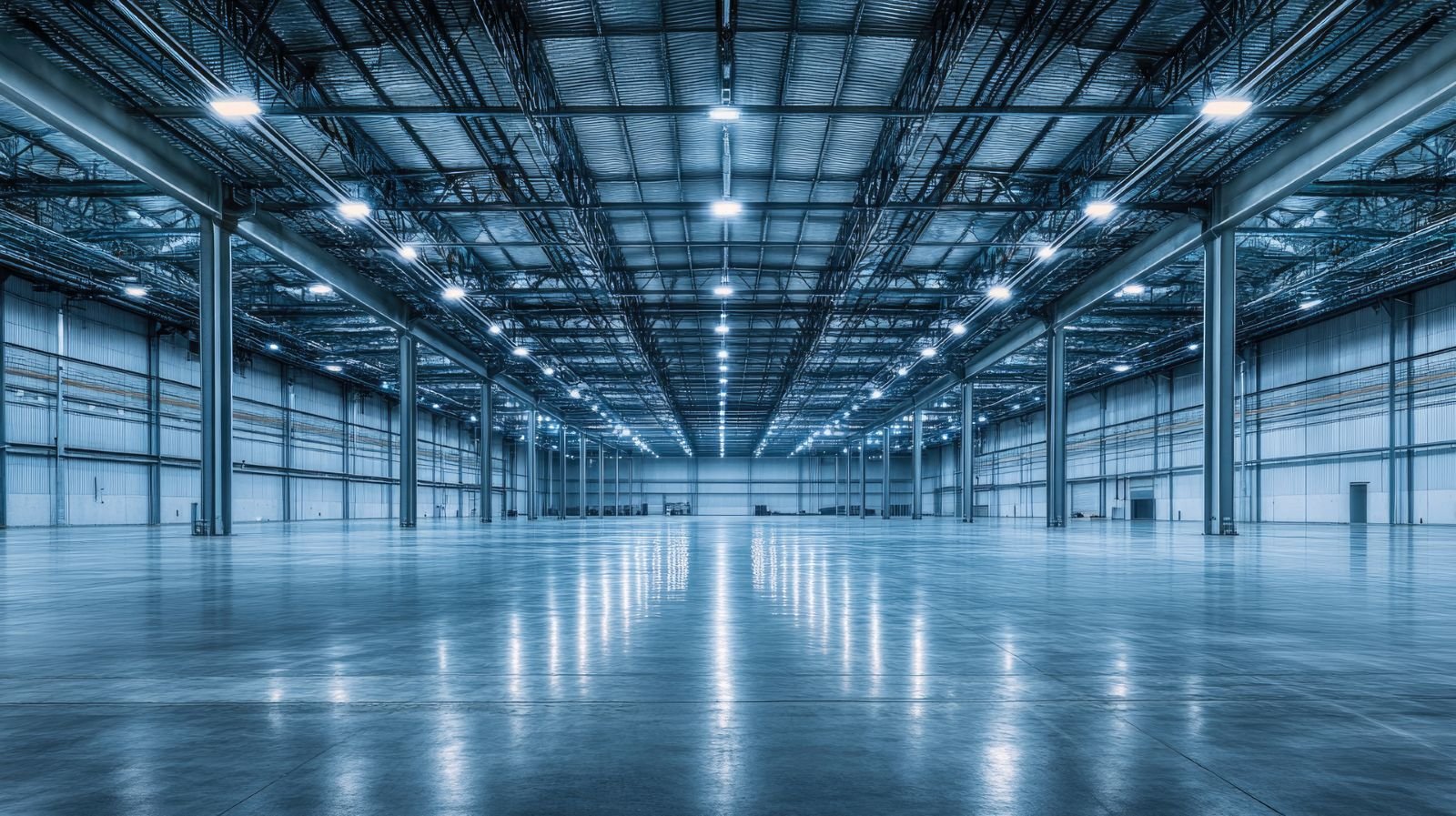 Industrial warehouse space with structural improvements and overhead lighting