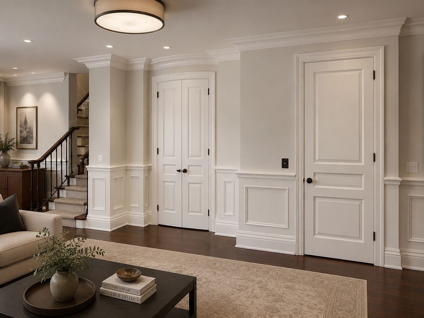 Hallway with a row of newly replaced interior doors and console table