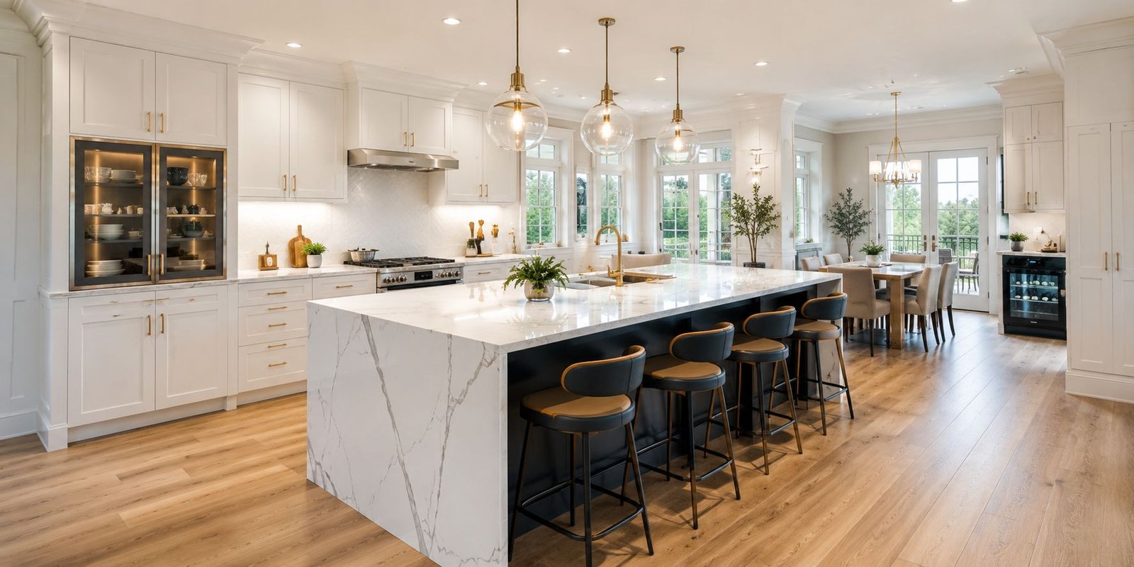Bright kitchen renovation with large island, pendant lighting and custom cabinetry