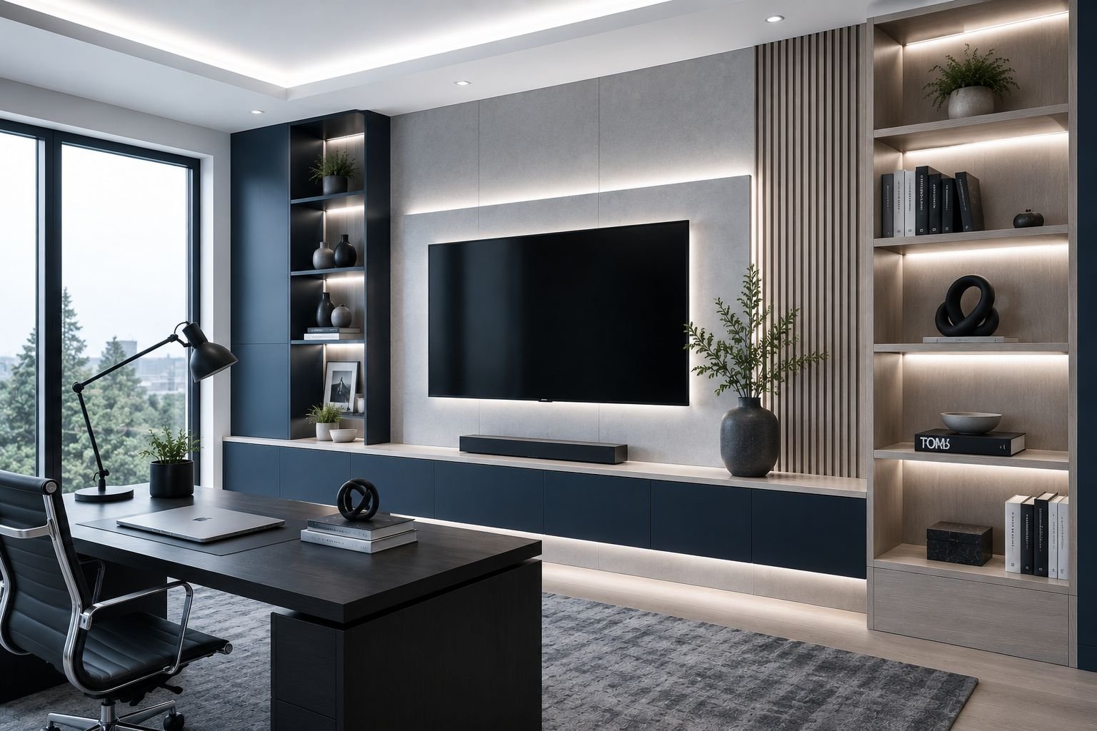 Media wall with warm integrated LED backlighting around mounted TV