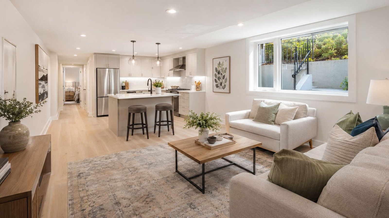Legal basement secondary suite with kitchen, dining and living area