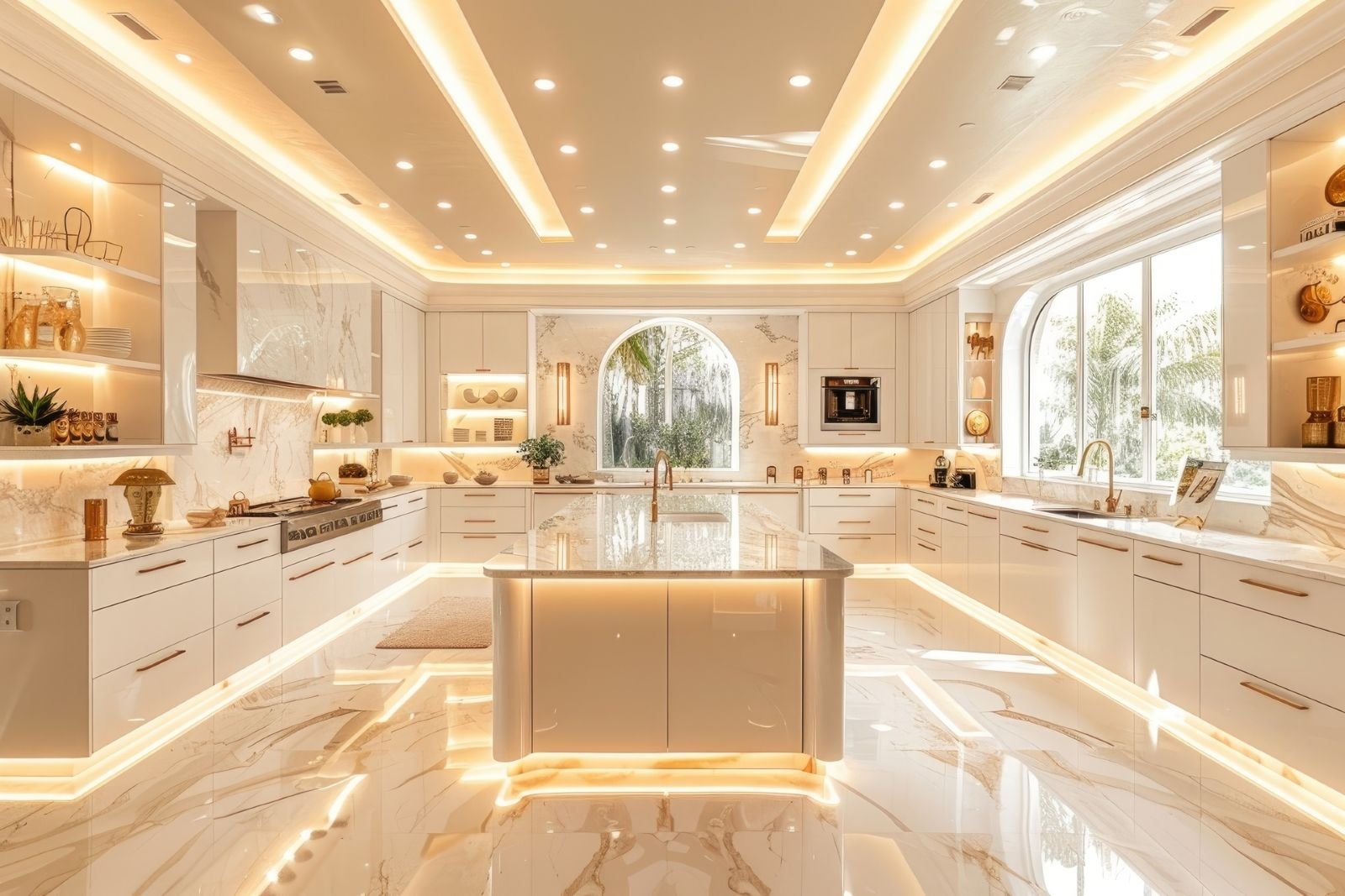 Bright kitchen with pendant lighting and recessed pot lights over a large island