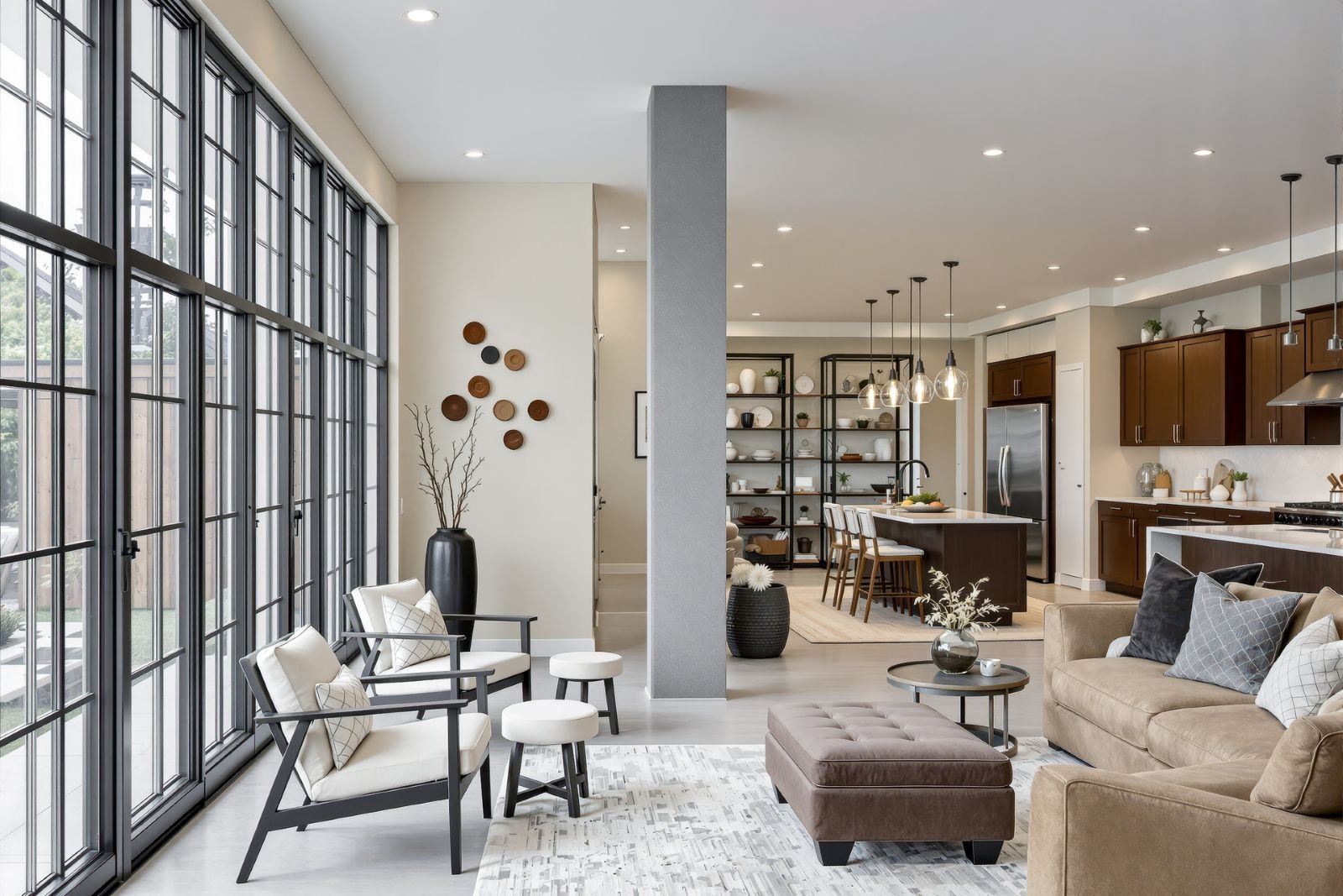 Open-concept living room with built-in shelving, fireplace and sectional sofa