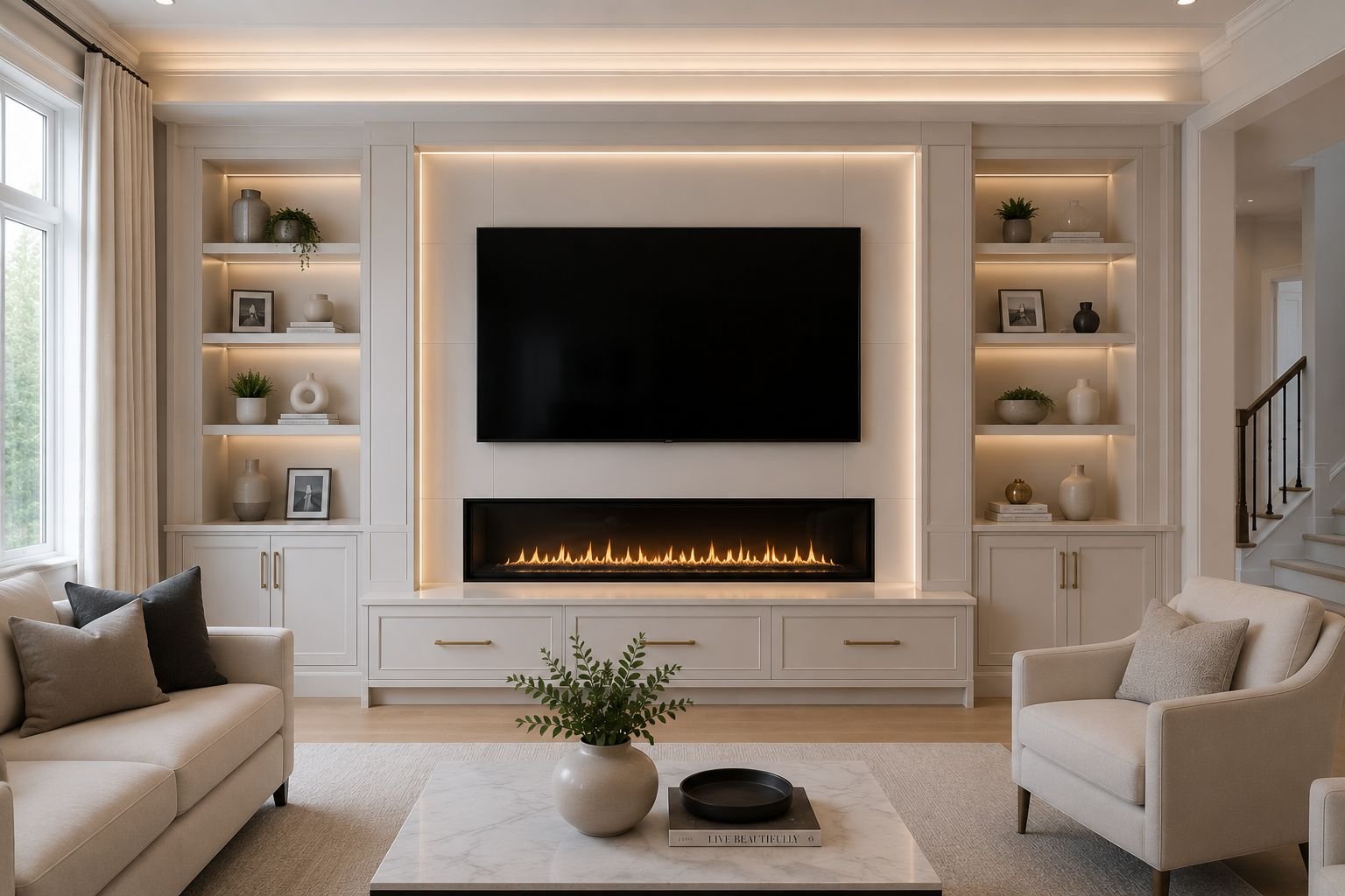 Custom built-in media wall unit with integrated linear fireplace and TV