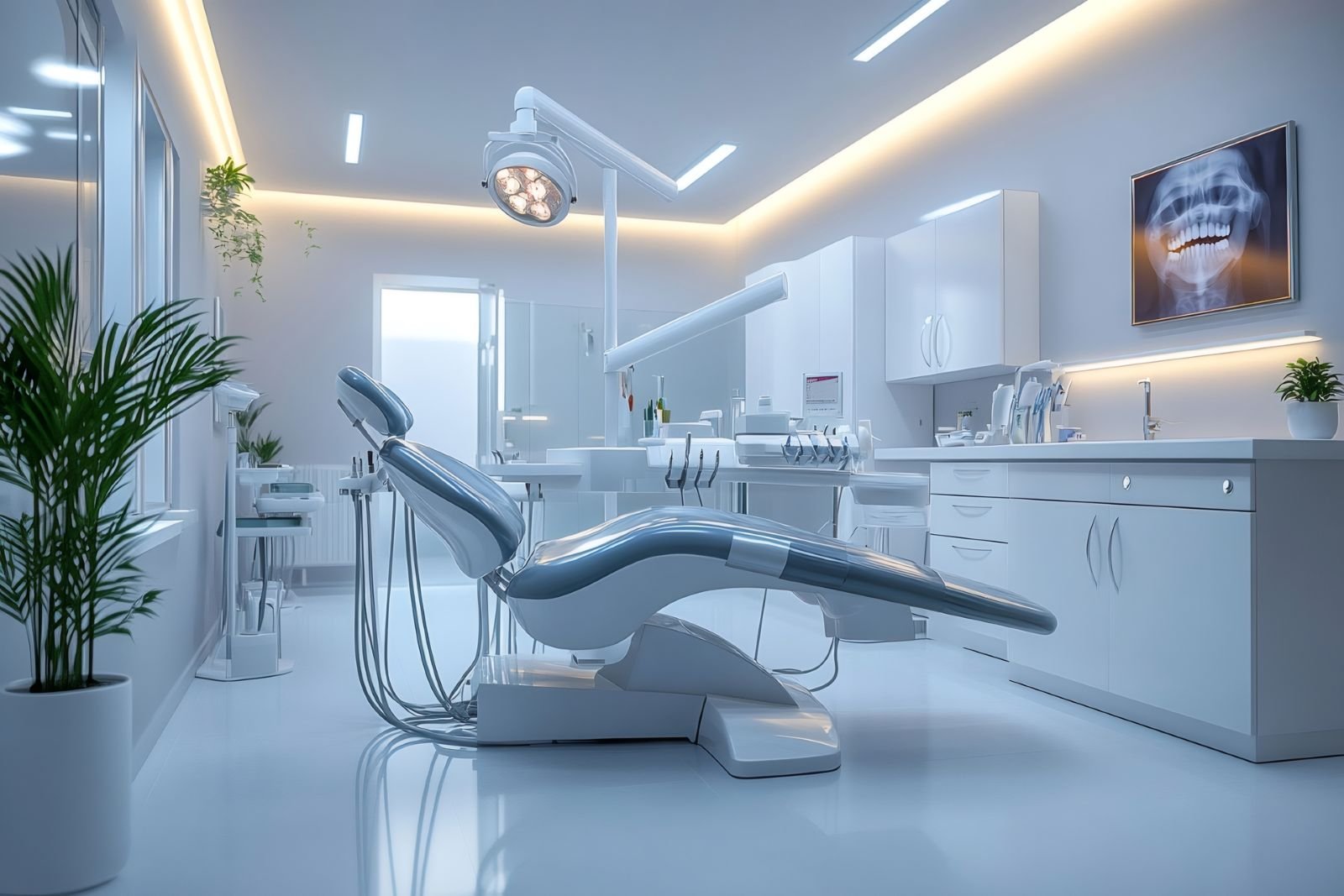 Medical and dental treatment room with modern equipment and bright lighting