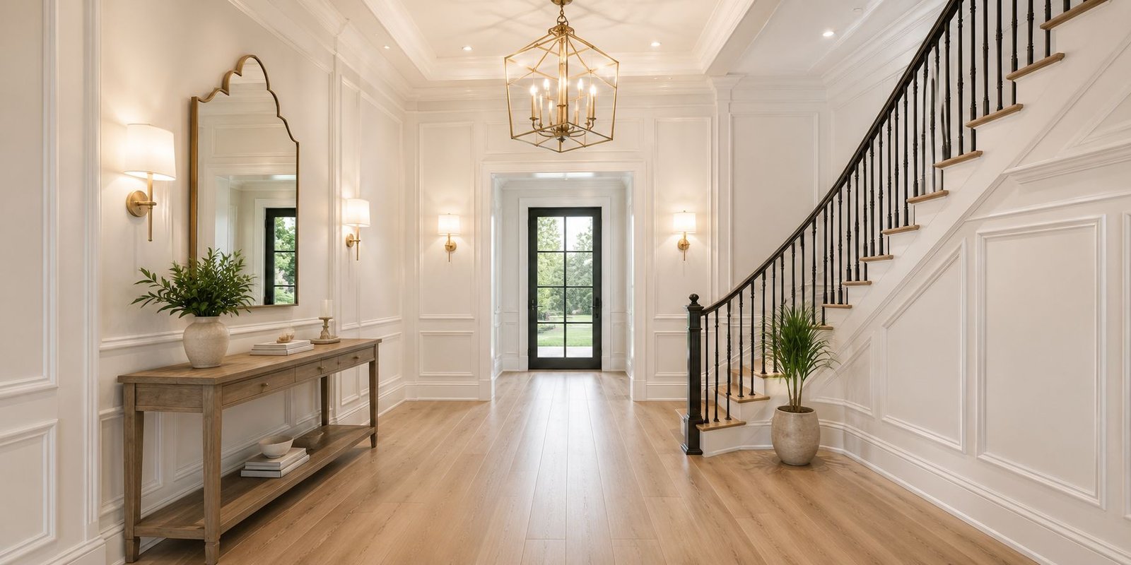 Elegant staircase and entryway with wainscoting, raised panels and console table