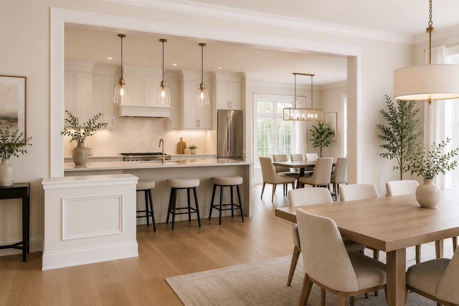 Open kitchen and dining area with a modern framed pass-through and pendant lighting