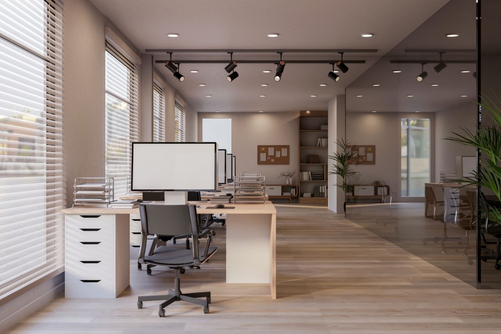 Modern open-plan office renovation with workstations and city view windows