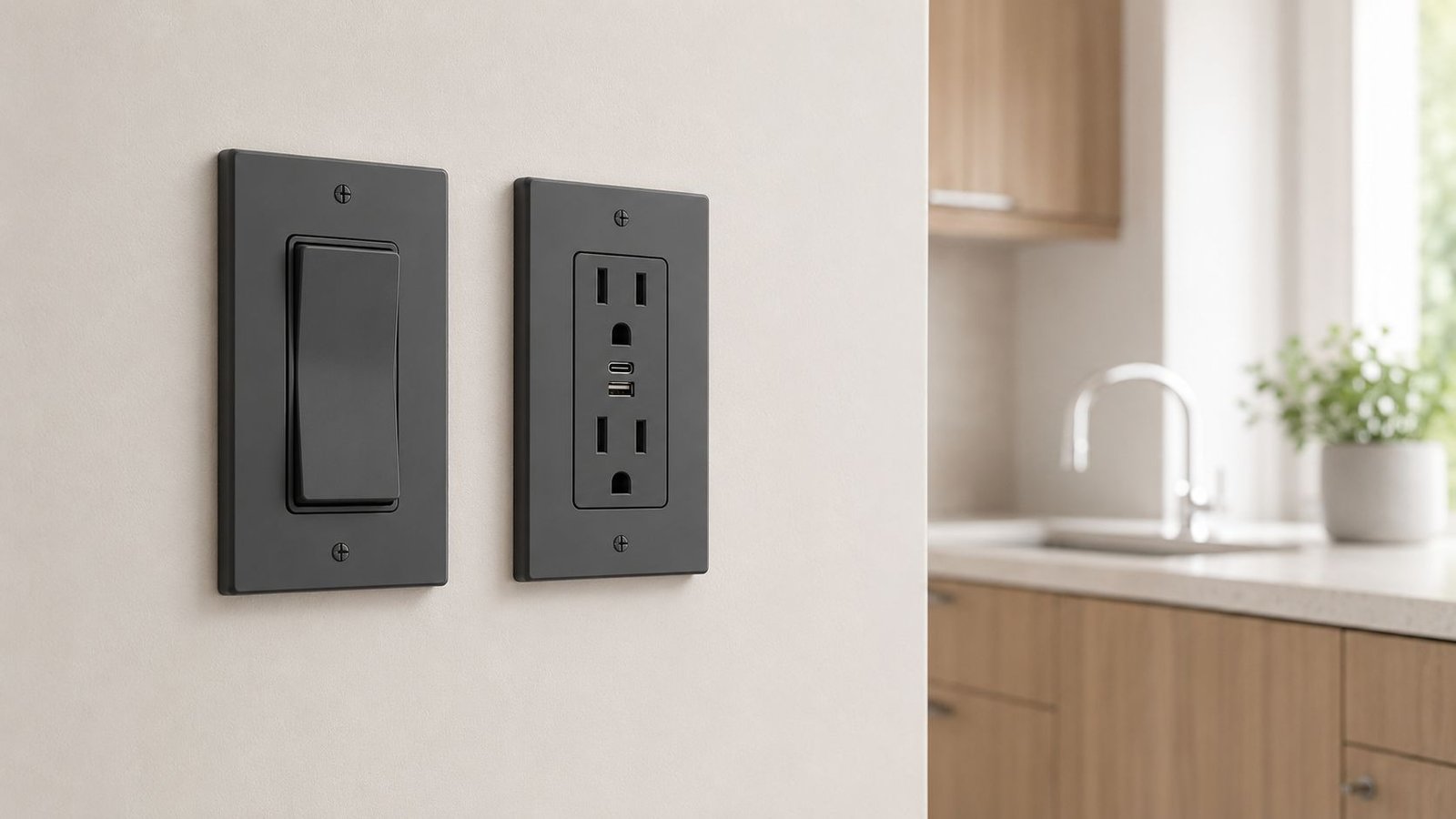 Modern kitchen countertop pop-up outlet and clean wall switch plates