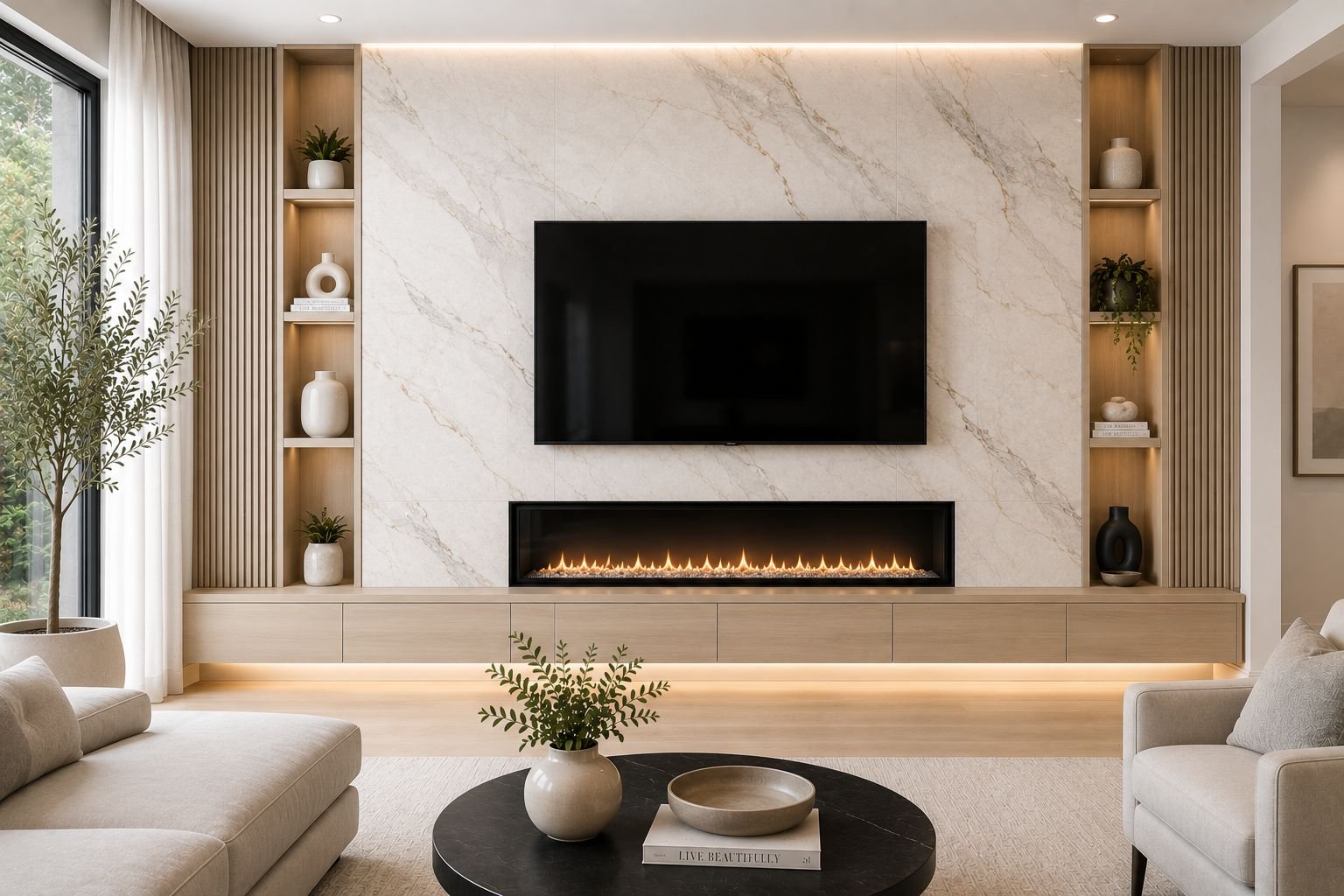 Media wall finished with large-format porcelain slab and mounted TV
