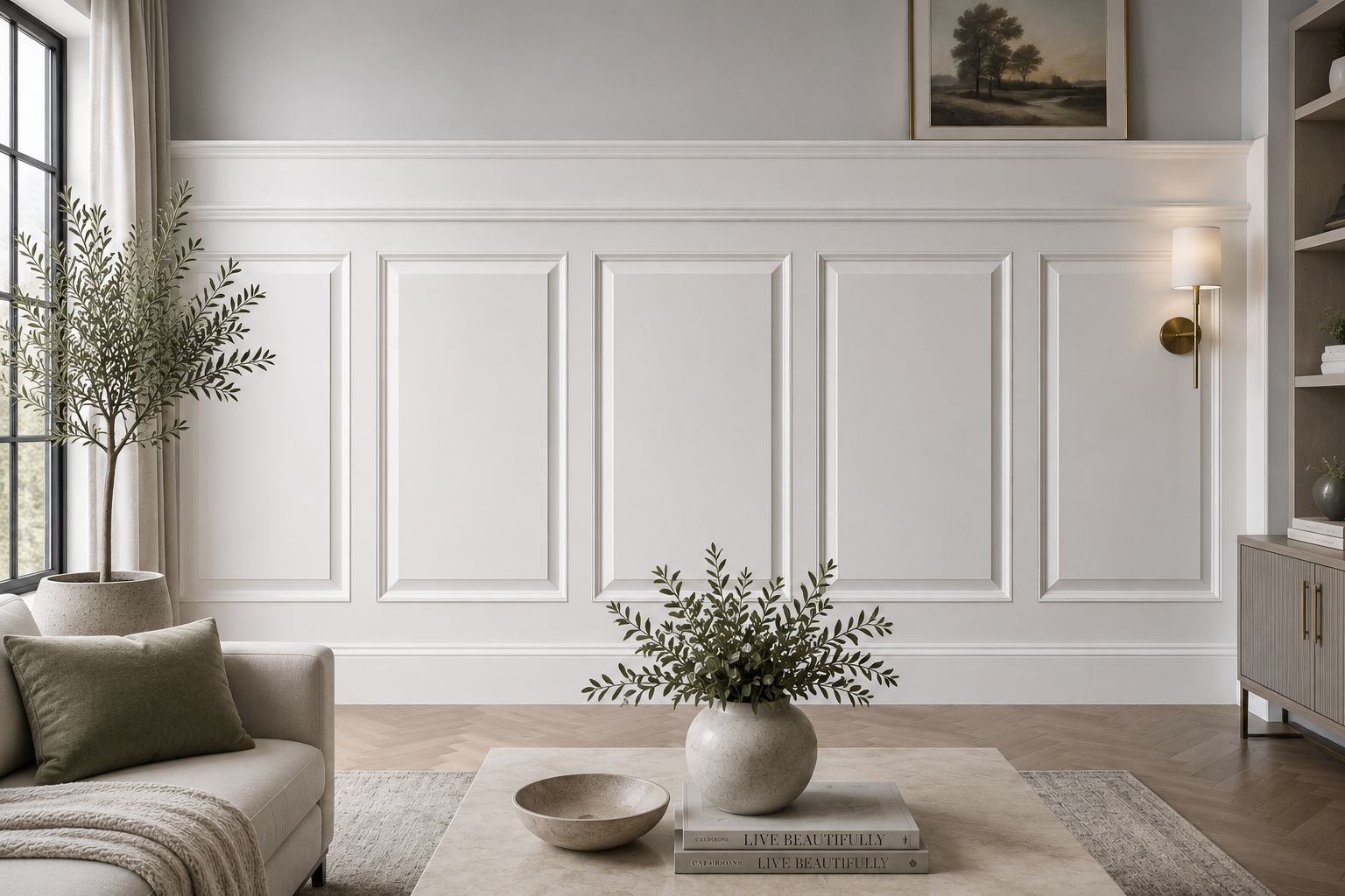 Raised wood panel wall with framed art and console table in an elegant entryway