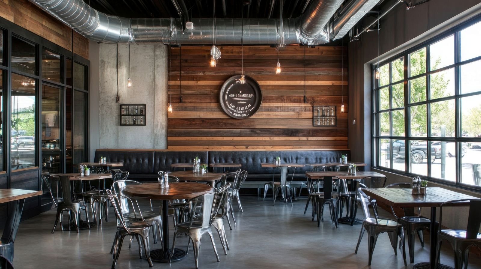 Restaurant interior with dining tables, pendant lighting and framed artwork