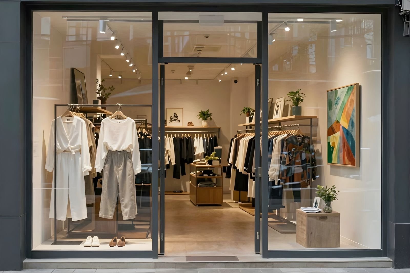 Retail store interior with clothing racks, custom fixtures and warm lighting