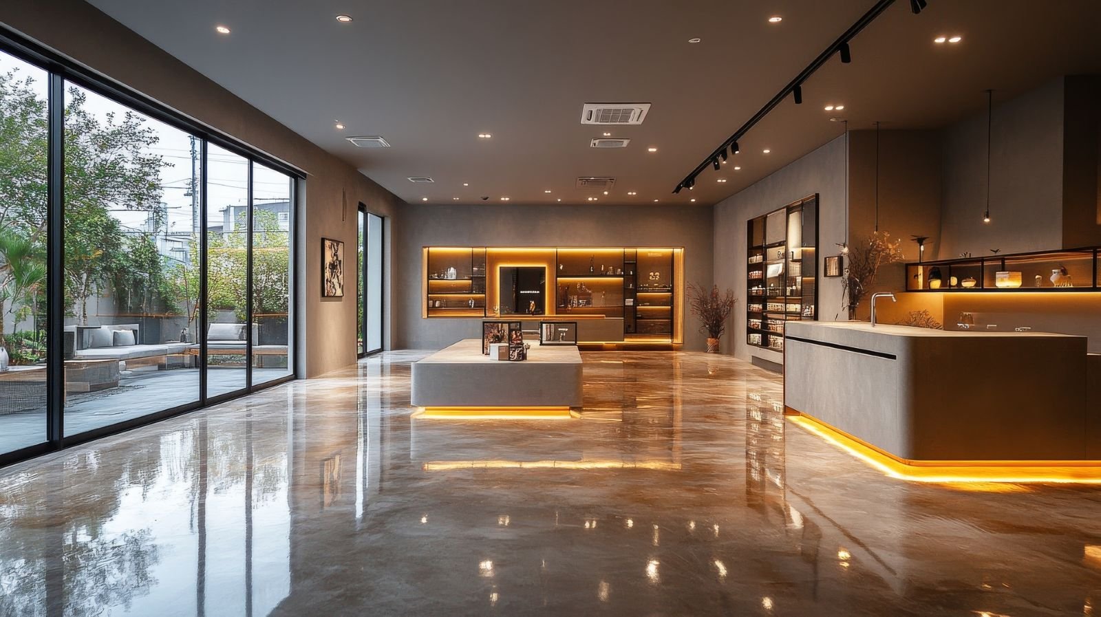 Showroom renovation with custom lit display cases and premium finishes
