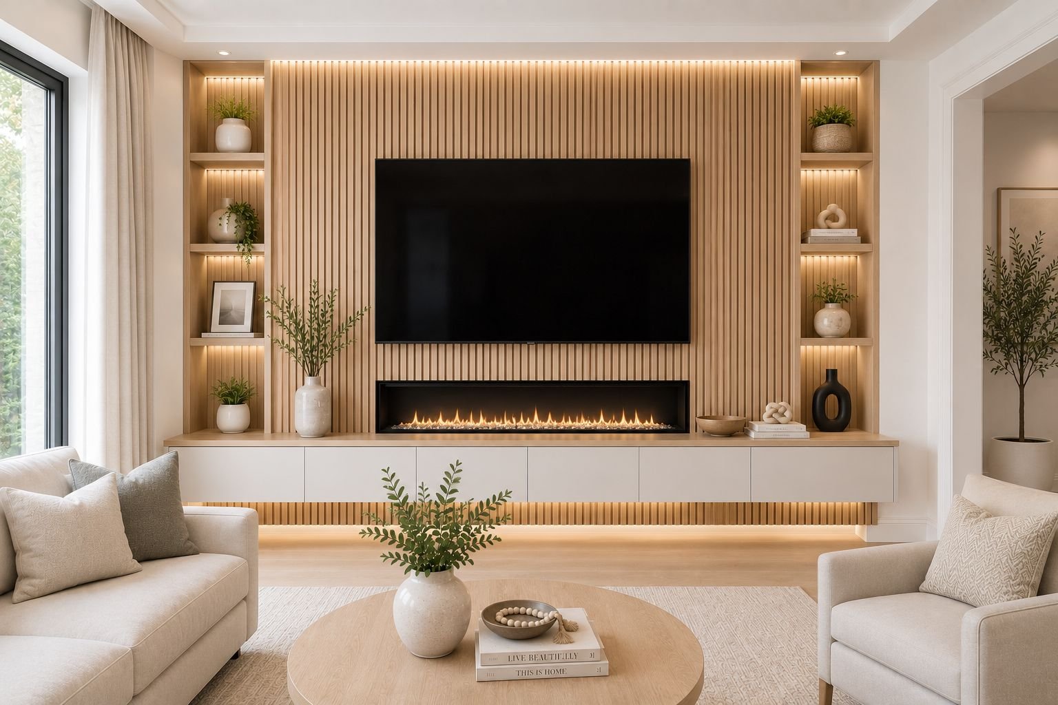 Media wall with vertical wood slat panel backdrop and floating console