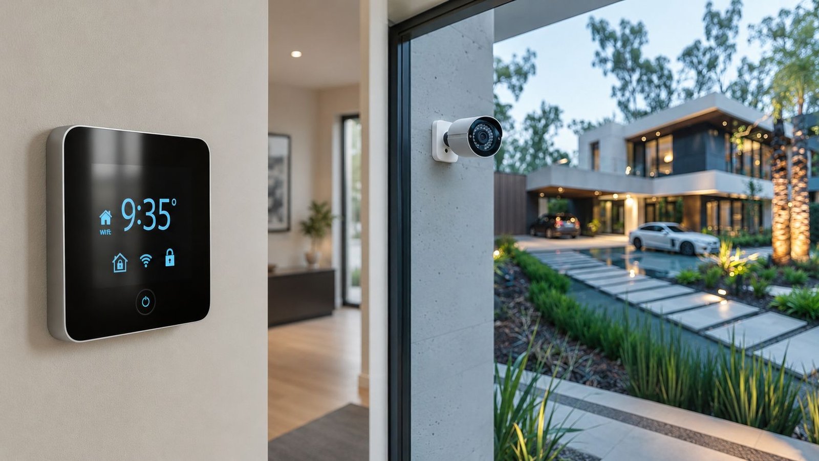 Front entryway with smart video doorbell, smart lock and wall-mounted thermostat