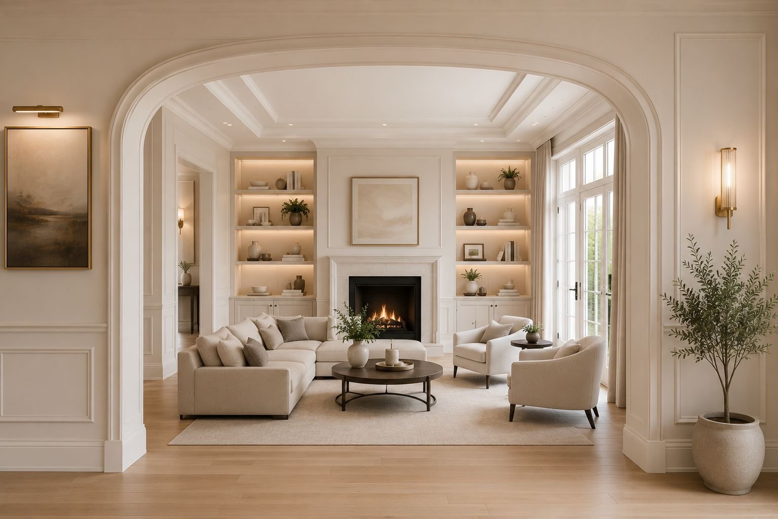 Curved archway leading into a living room with fireplace and built-in shelving
