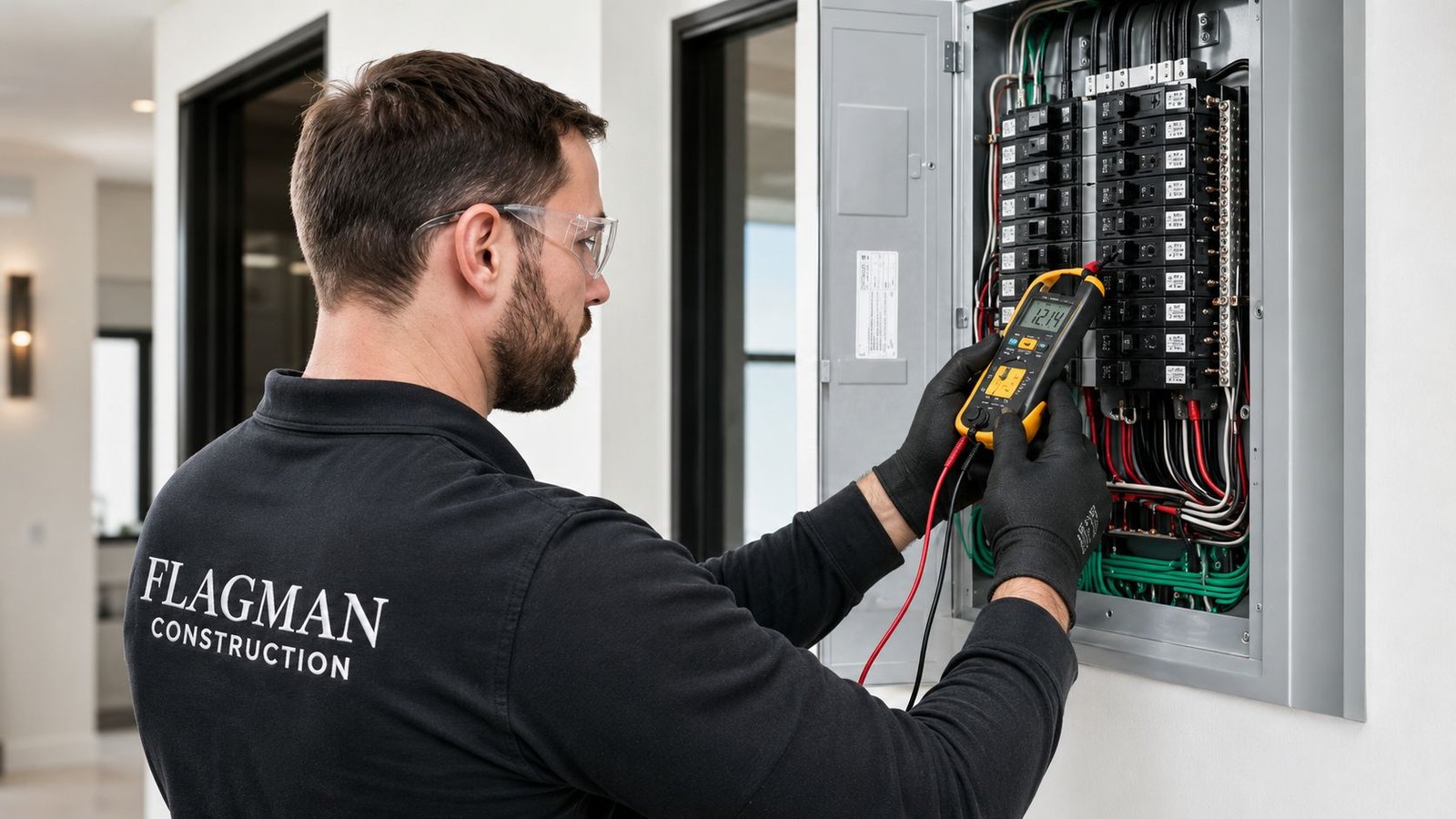 Electrician testing an electrical panel with a multimeter for safety verification