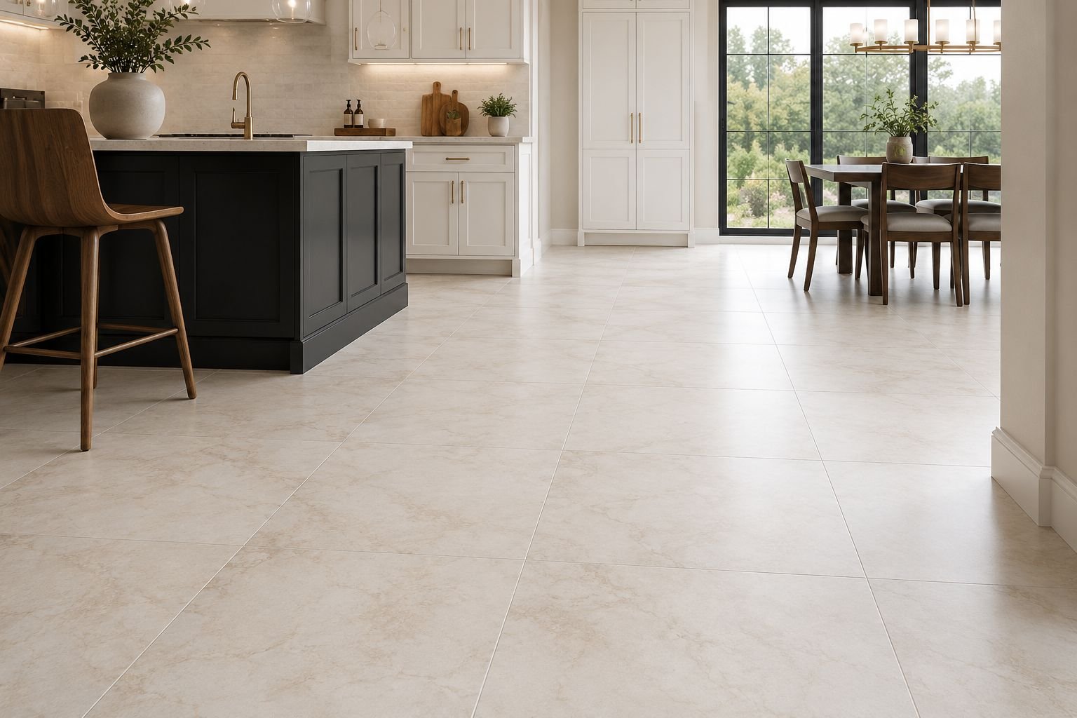 Kitchen with large-format tile flooring and dark custom island