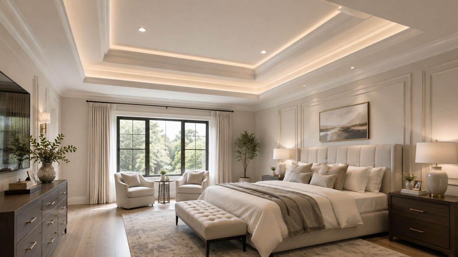 Tray ceiling with recessed lighting in a bedroom