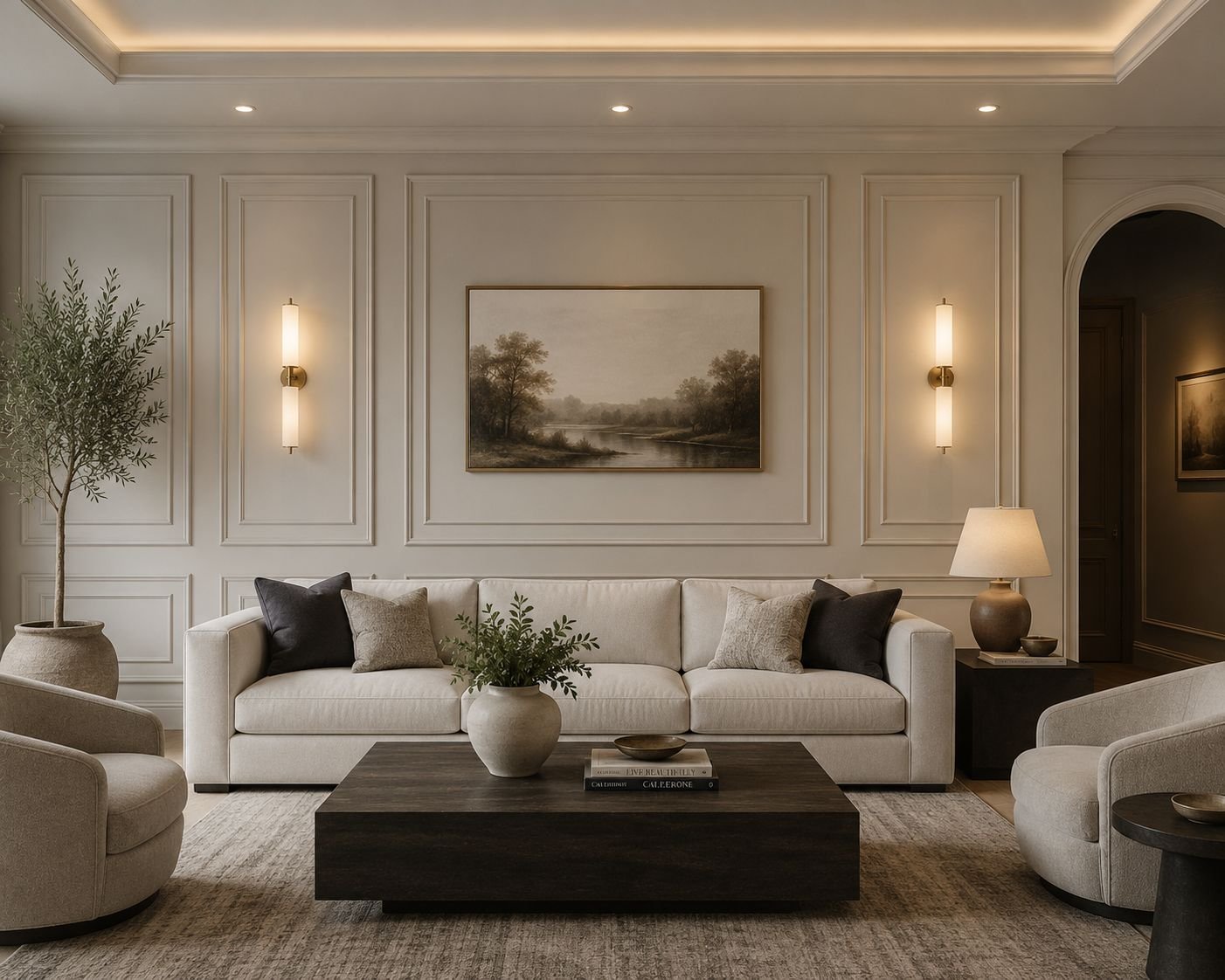 Picture-frame moulding and trim work in a hallway with staircase