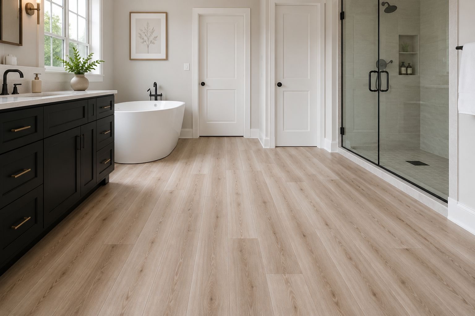 Bathroom with luxury vinyl plank flooring, freestanding tub and dark vanity