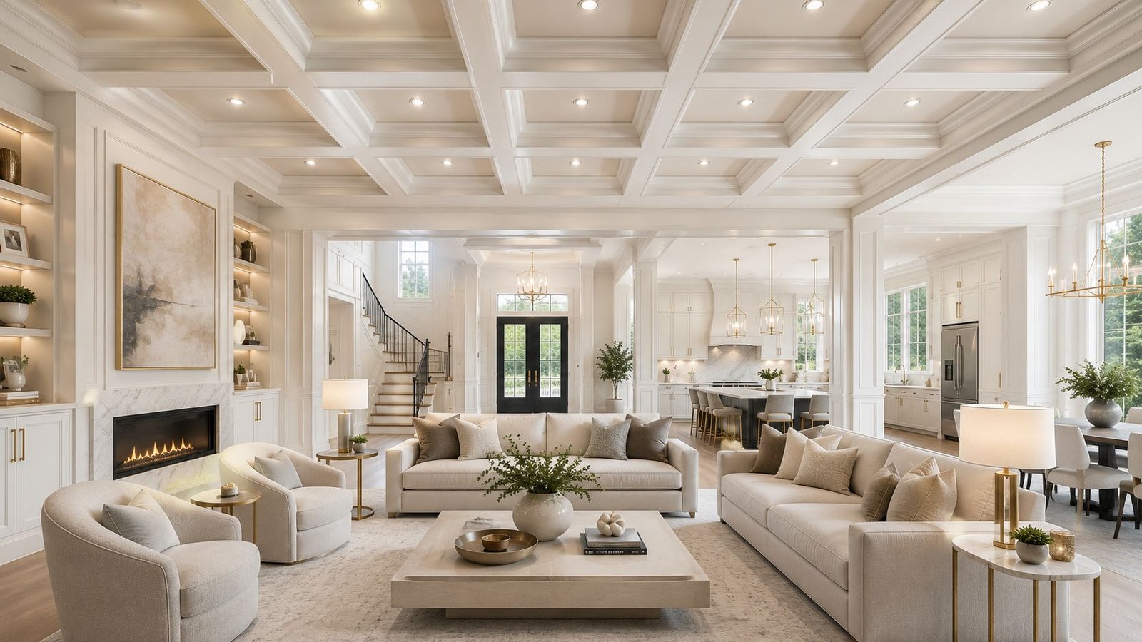 Waffle ceiling design in an open concept living space